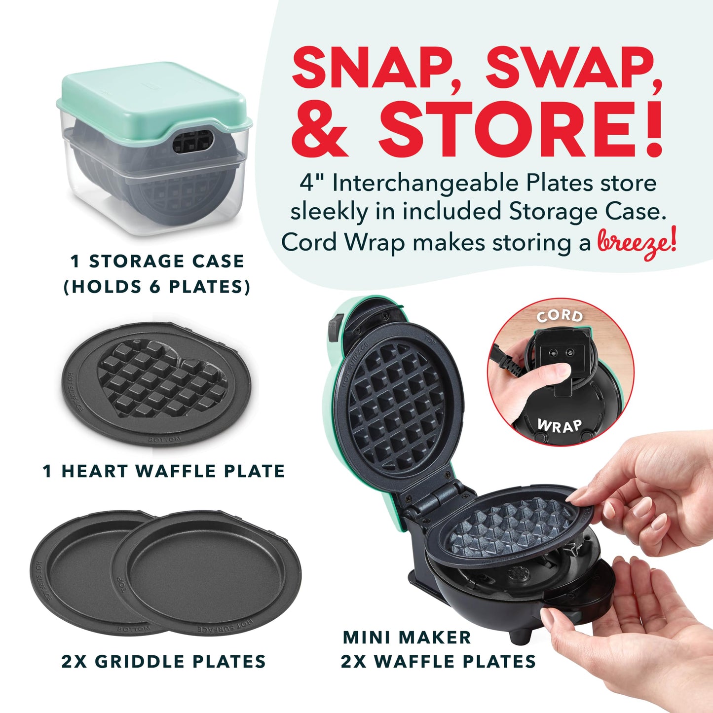 DASH Holiday Multimaker Mini System - Waffle Maker with Six 4” Removable Holiday Plates: Waffle Iron & Griddle, 4-in-1 Mini Waffle Maker for Kids and Families – Nonstick Surface, Santa Waffle (Red)