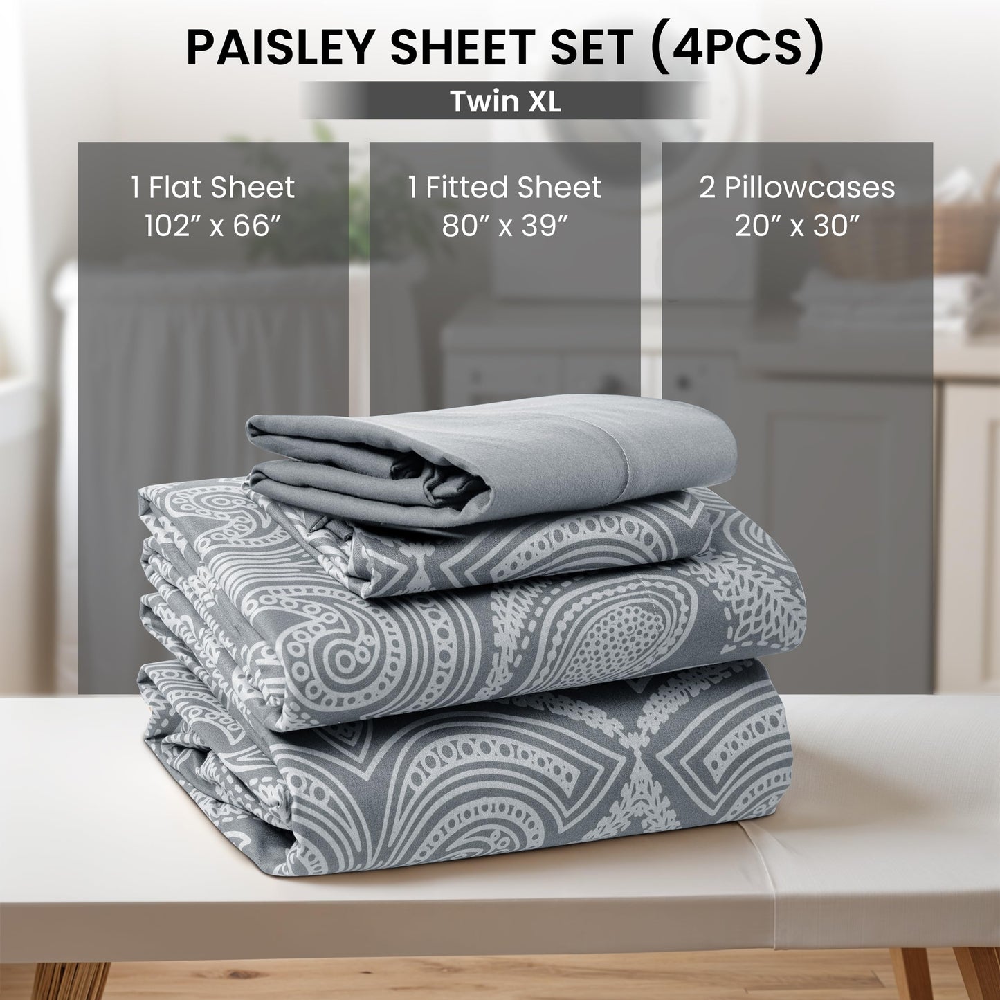 LUX Decor Paisley King-Bettlaken-Set, 6-teilig, weiche, knitterfreie Mikrofaser-Bettlaken – luxuriös bedruckte Bettlaken, inklusive Bettlaken, Spannbettlaken mit tiefen Taschen und 4 Kissenbezügen – Taupe