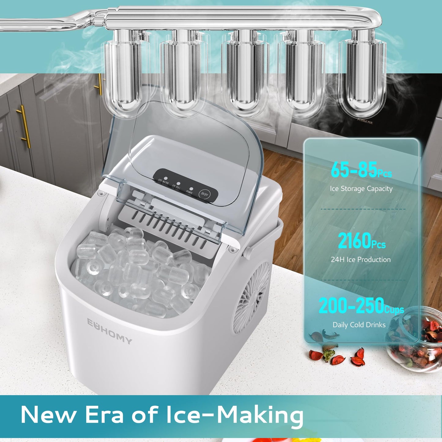 EUHOMY Countertop Ice Maker Machine with Handle, 26lbs in 24Hrs, 9 Ice Cubes Ready in 6 Mins, Auto-Cleaning Portable Ice Maker with Basket and Scoop, for Home/Kitchen/Camping/RV. (Black)