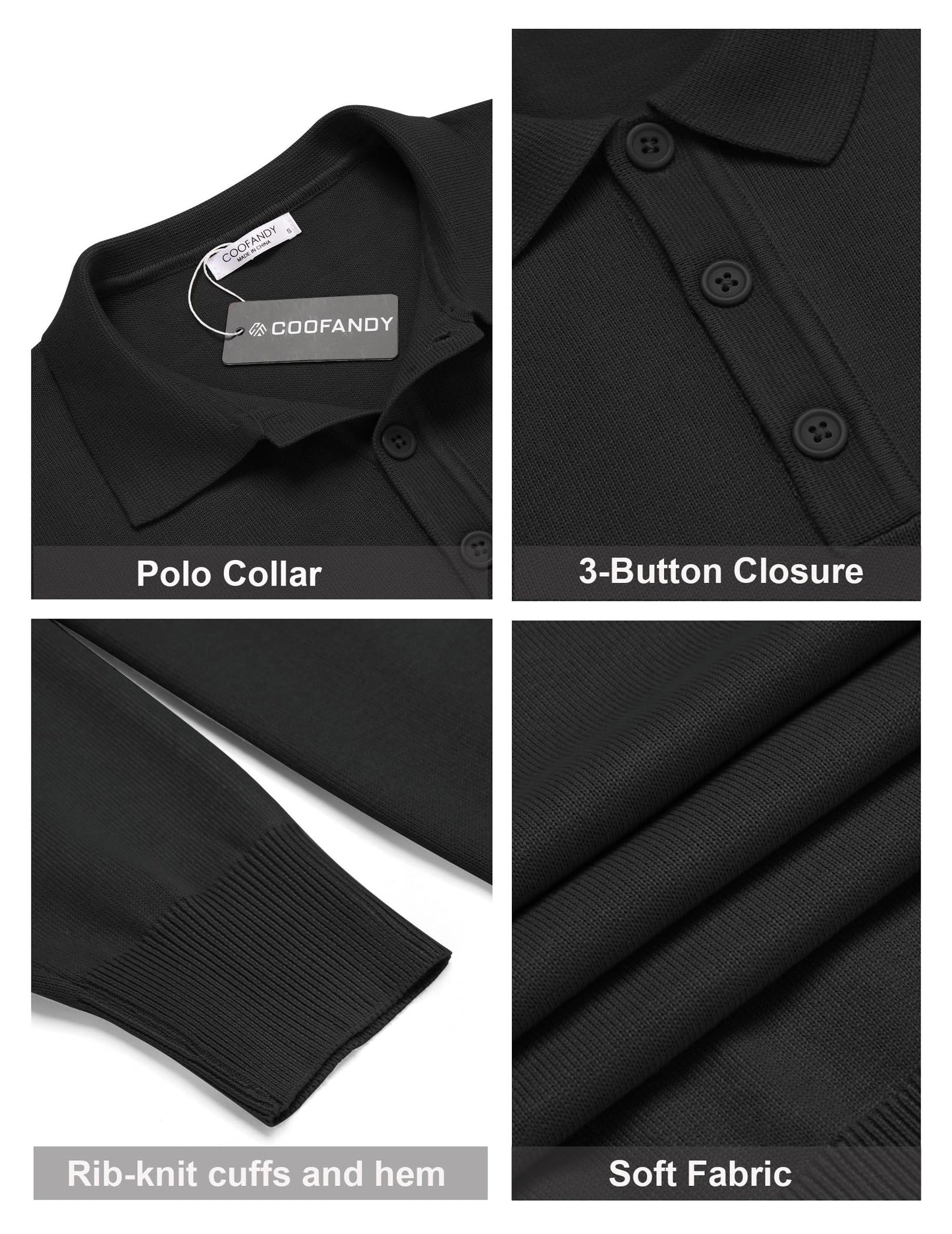 COOFANDY Mens Knit Polo Shirts Casual Long Sleeve Classic Polo Shirts Button Down Golf Shirts