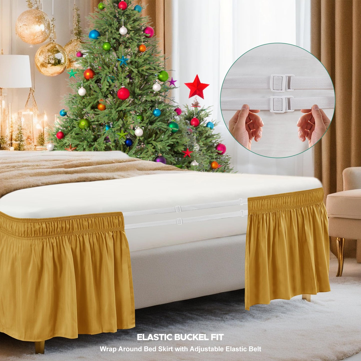 Biscaynebay Wrap Around Bed Skirts for Twin & Twin XL Beds 15" Drop, Ivory Adjustable Elastic Dust Ruffles Easy Fit Wrinkle & Fade Resistant Silky Luxurious Fabric Machine Washable