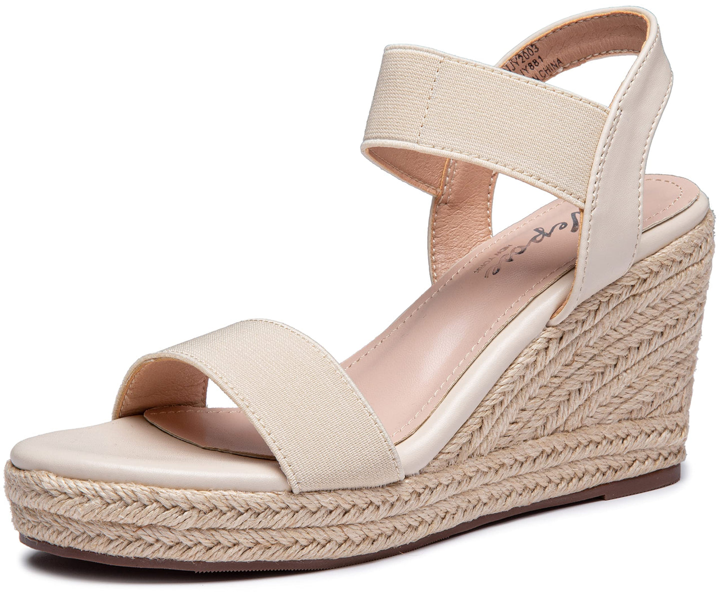 Vepose Damen 881 Keilsandalen Elastischer Fesselriemen Espadrilles Plateau Offene Zehenpartie High Heel Stretch Textil Brautschuhe