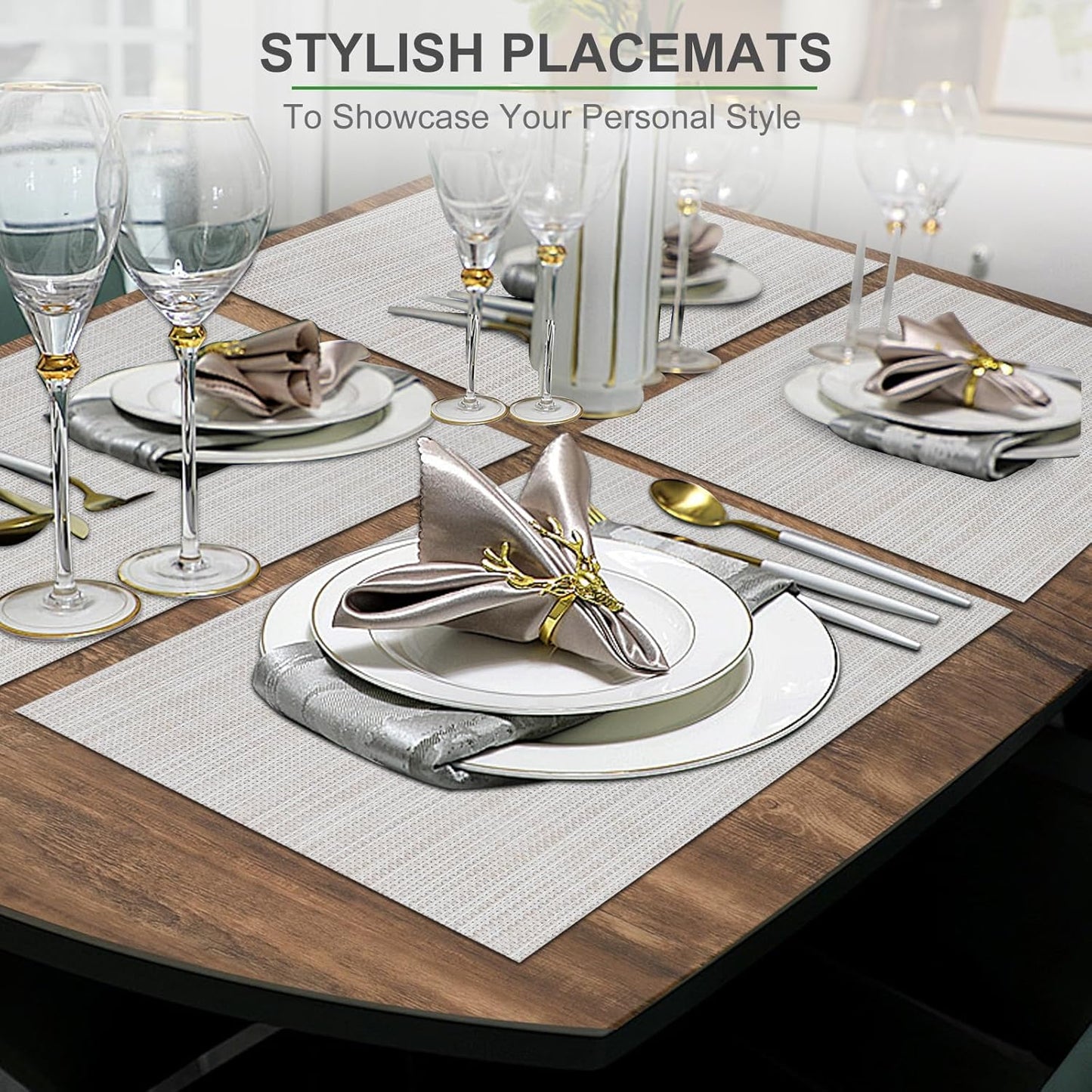 Tischsets 6er-Set, gewebtes Vinyl-Tischset für Esstisch, waschbar, abwischbar, Küchentischsets, strapazierfähige Tischsets für drinnen und draußen, 01 Beige, 6 Stück