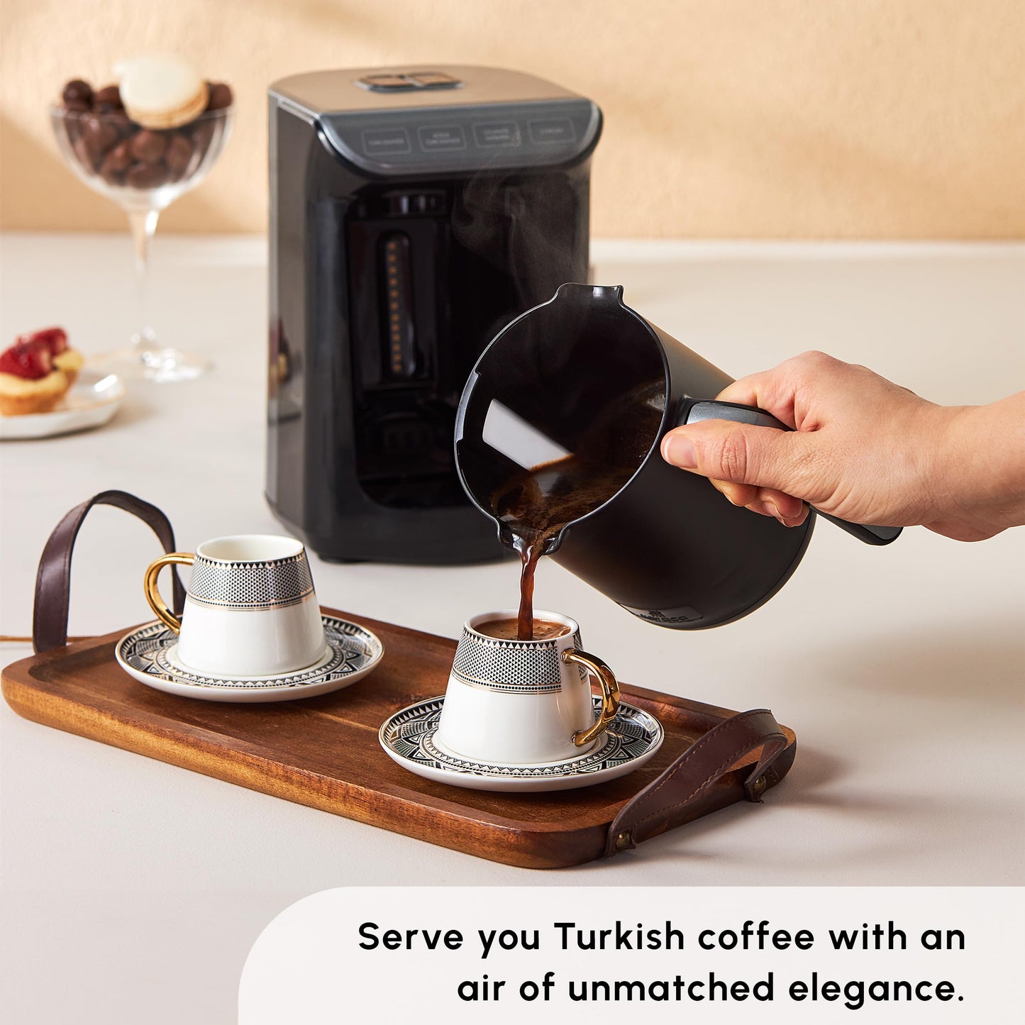 KARACA Globe Turkish Coffee Cup Set of 6, 80ml, 2.7 oz, Small Espresso Cups with Saucers, Porcelain, Black Patterns and Gold Handles, Ideal for Serving Coffee, Espresso, and Cappuccino
