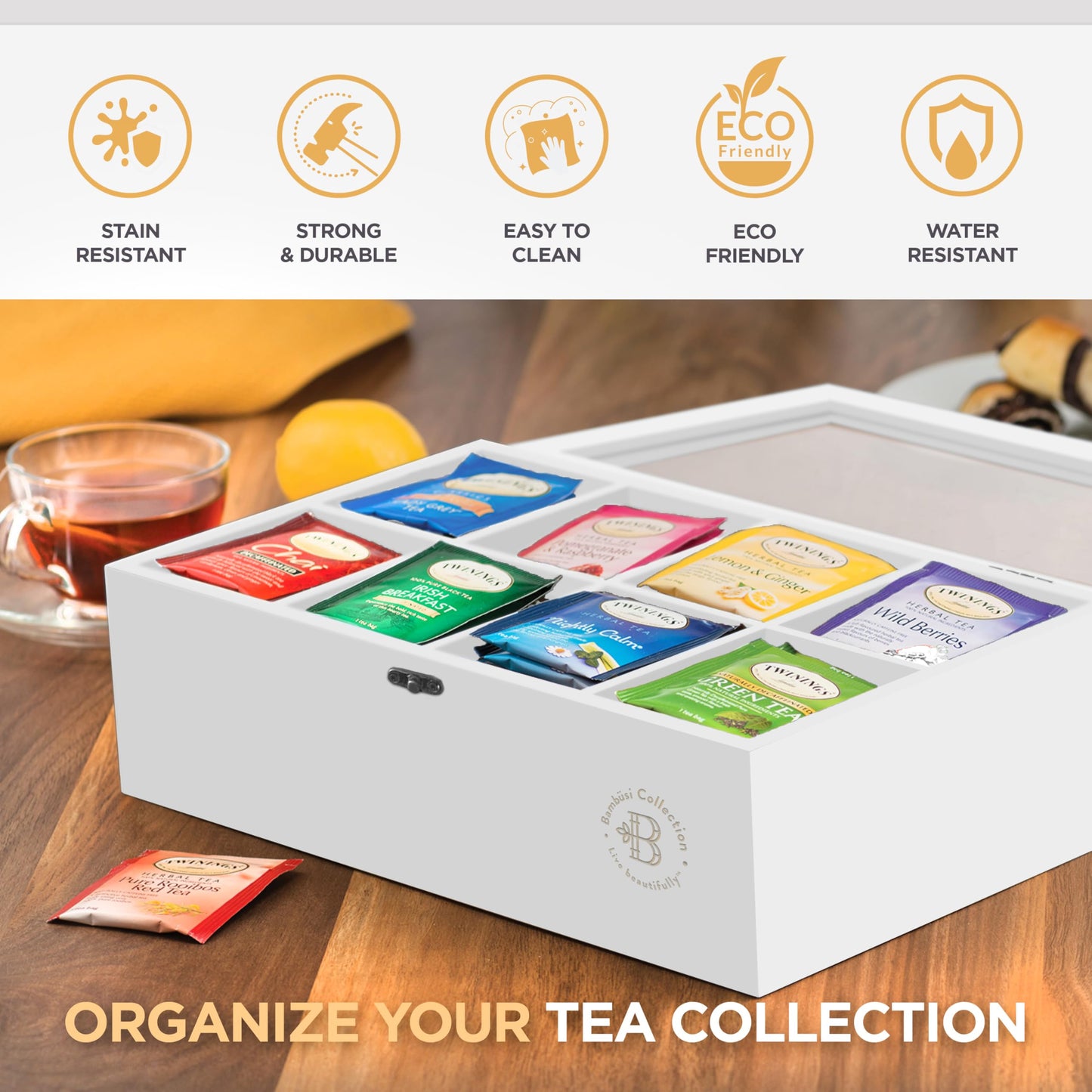 Bamboo Tea Bag Organizer Storage Box with Drawer & Acrylic Window - Magnetic Lid Keeps Contents Fresh - Ideal Mothers Day Gifts for Mom - Gift Caddy (Tea Not Included)