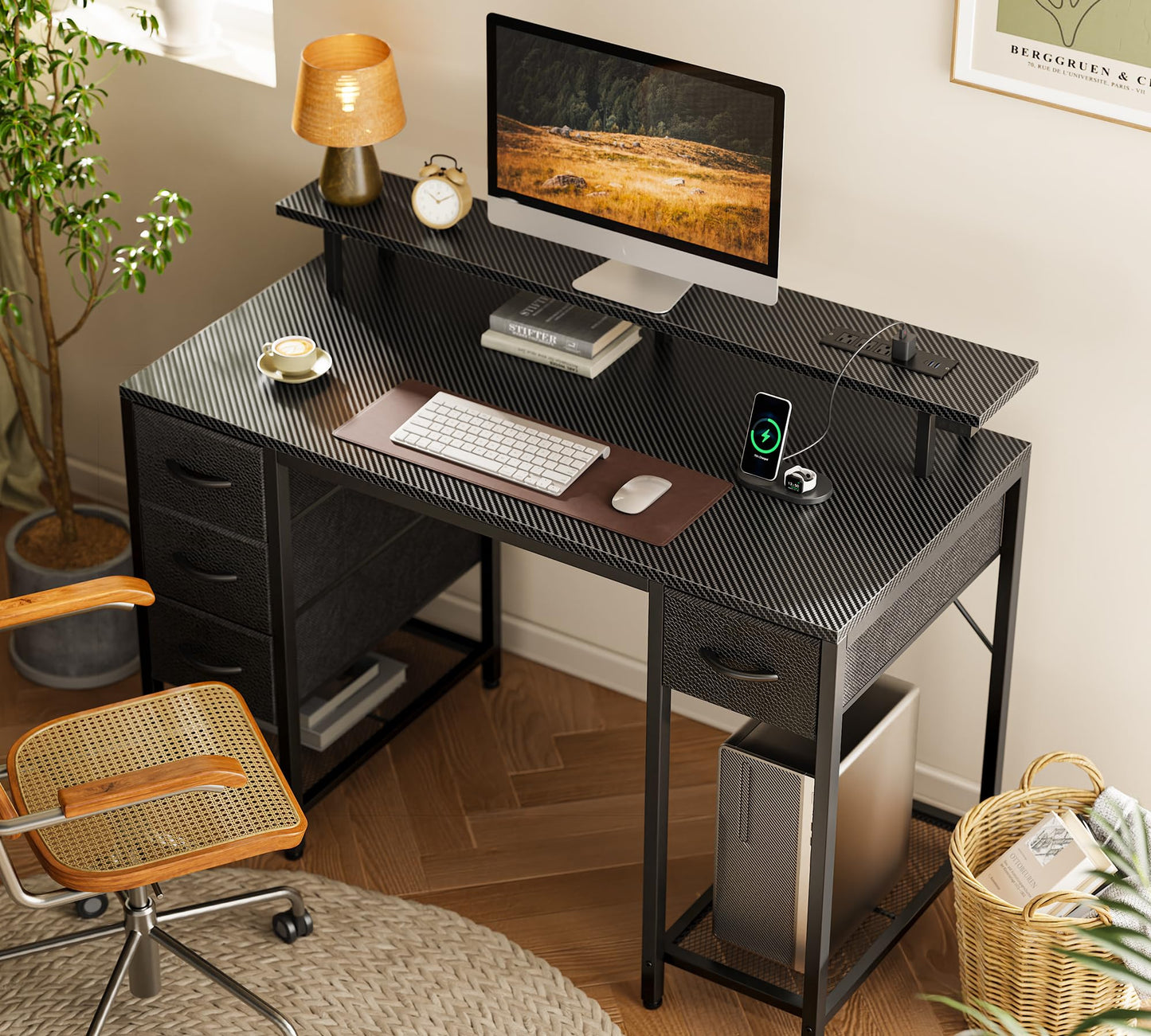 Huuger 47 inch Computer Desk with 4 Drawers, Gaming Desk with LED Lights & Power Outlets, Home Office Desk with Large Storage Space for Bedroom, Work from Home, Black