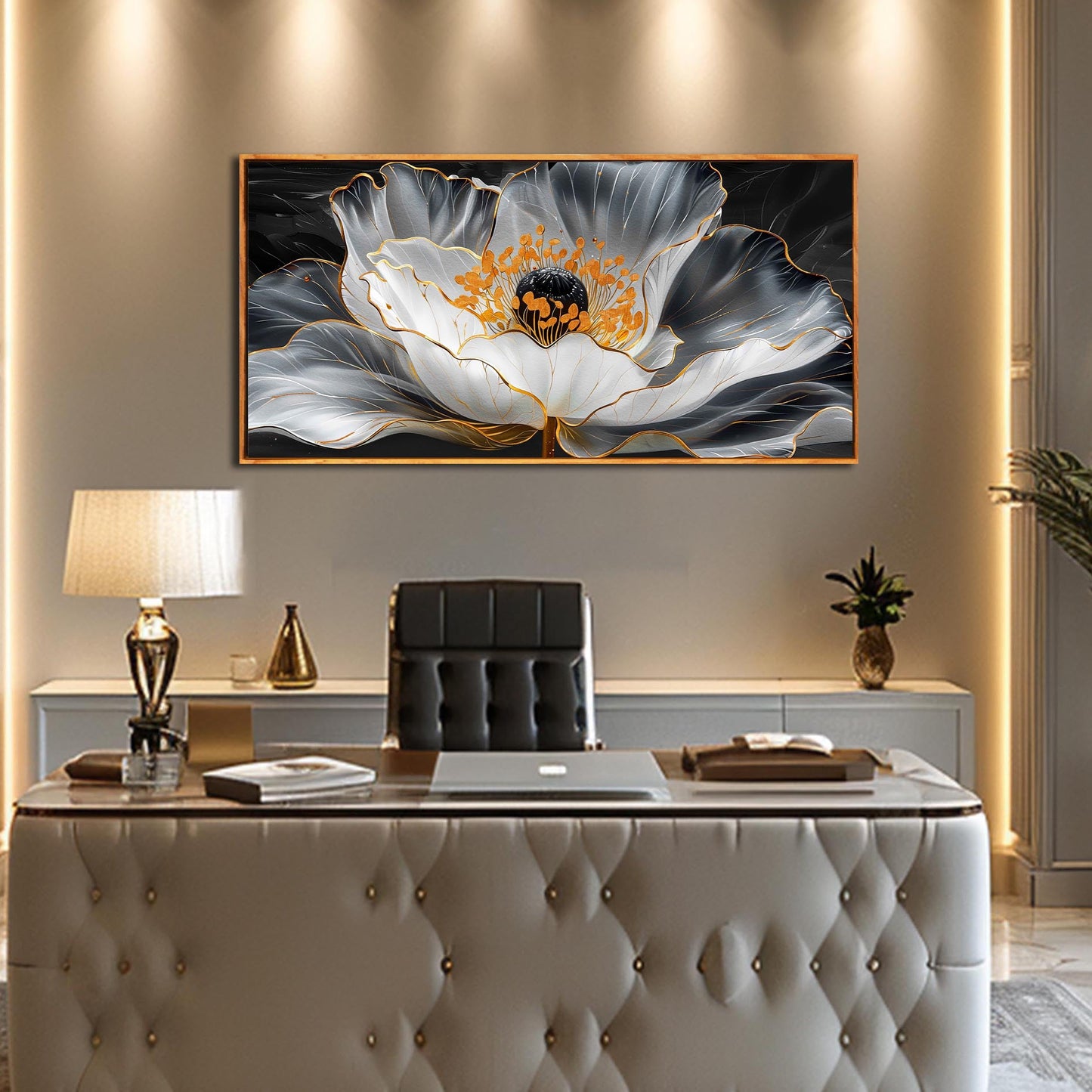 Gold Wall Art White Wall Pictures Beautiful Flower Wall Decorations for Living Room Black Artwork 24"x48" Art for Home Office