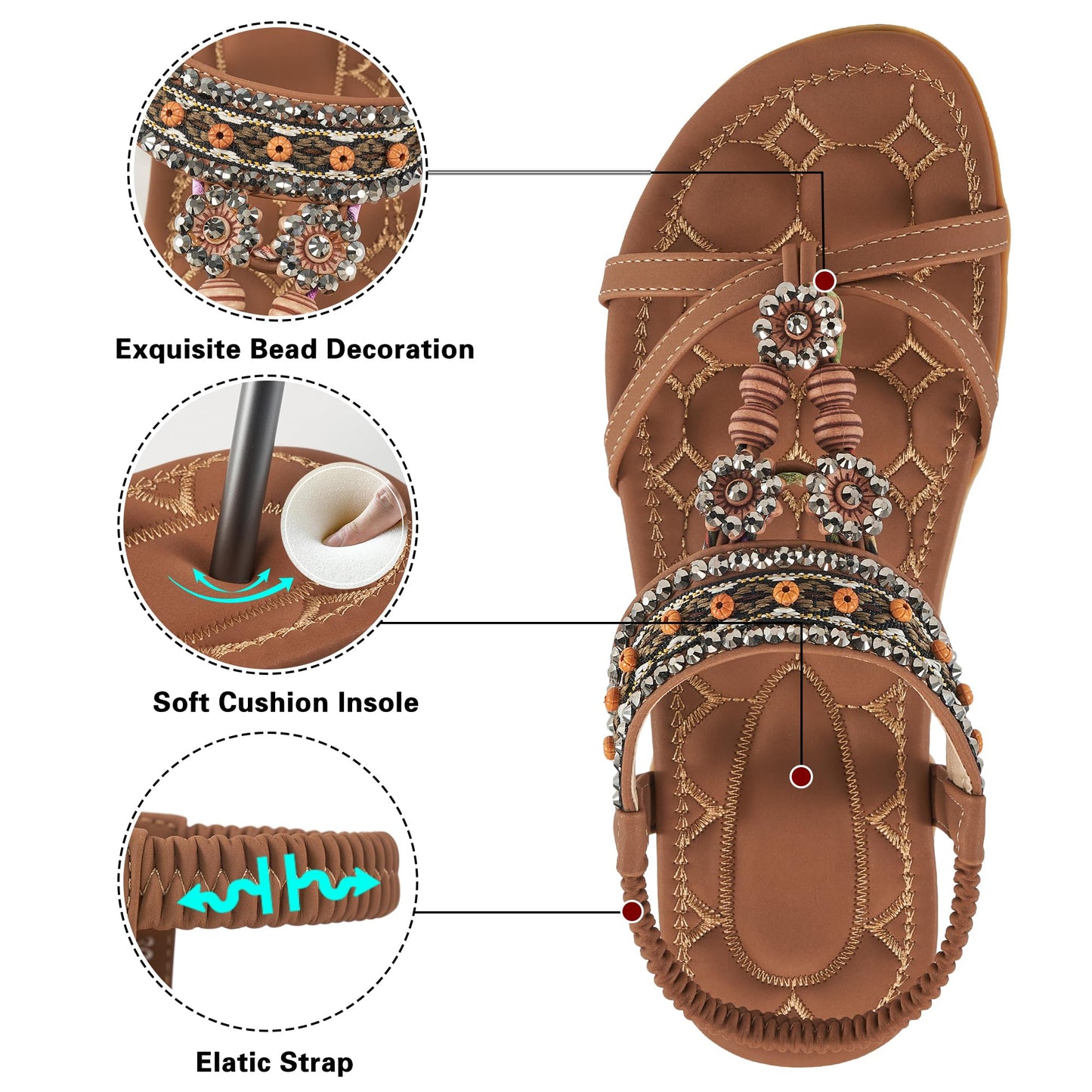 Elegante Damensandalen für den Sommer: Flache Schuhe, bequeme Bohemian-Sandalen mit elastischem Knöchelriemen, Strandsandalen für Damen