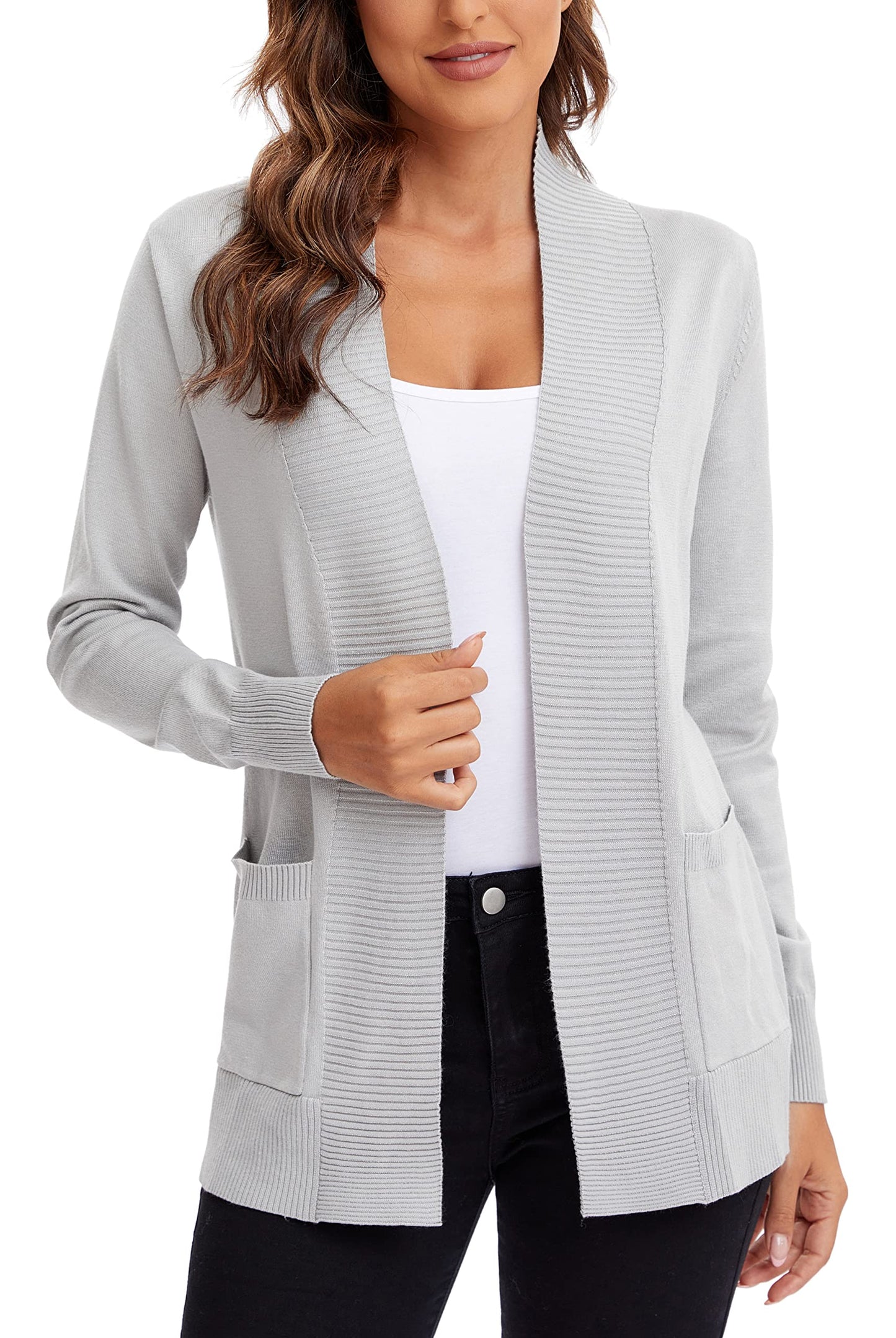 Urban CoCo Leichter Strickjacke für Damen mit offener Vorderseite, lange Ärmel, mit Tasche