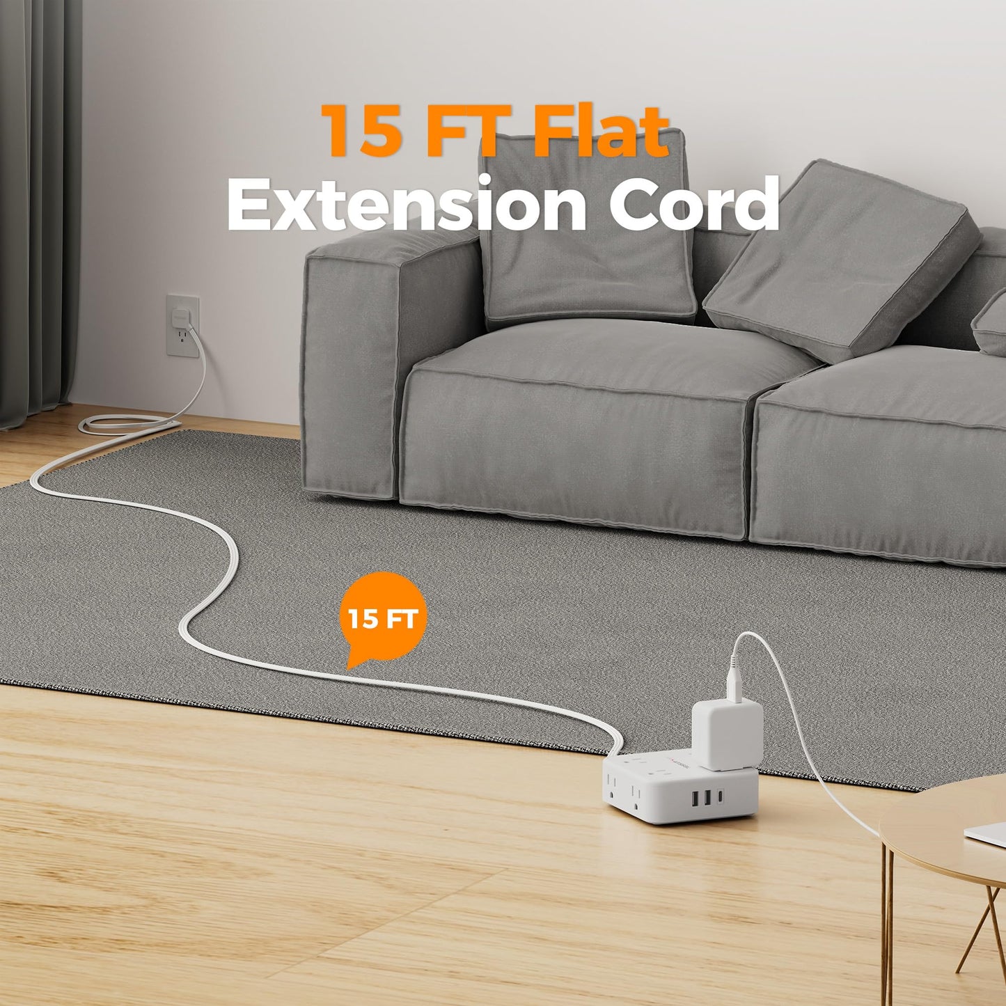 Surge Protector Flat Extension Cord Flat Plug Power Strip, 8 AC Outlets, 3 USB Charger(1 USB C Port) 3-Sided Outlet Extender, 5 Ft, 900 Joules Protection
