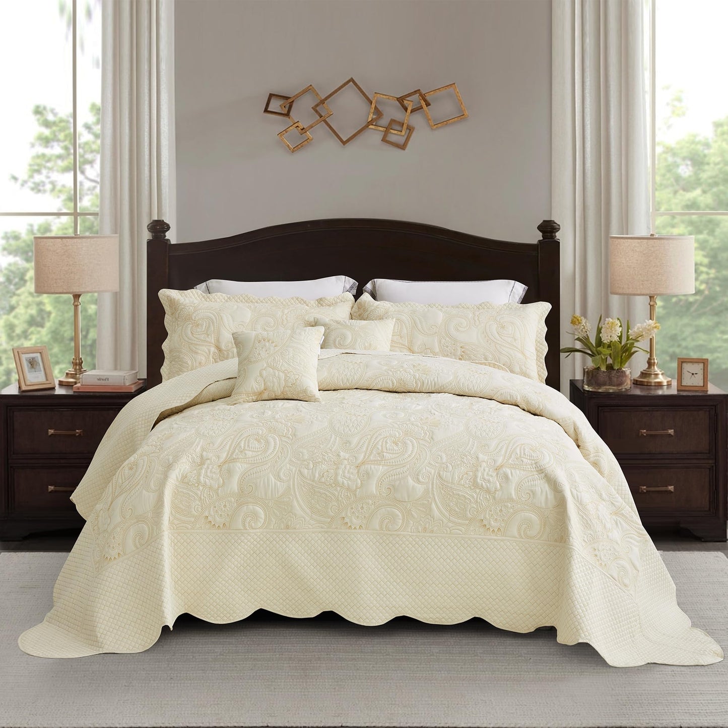 Oversized King Bedspread 128x120 Extra Wide, Paisley Pattern Design, Lightweight Bedding Cover, Reversible, 5 Piece, 100% Microfiber, King/Cal King, Pure White