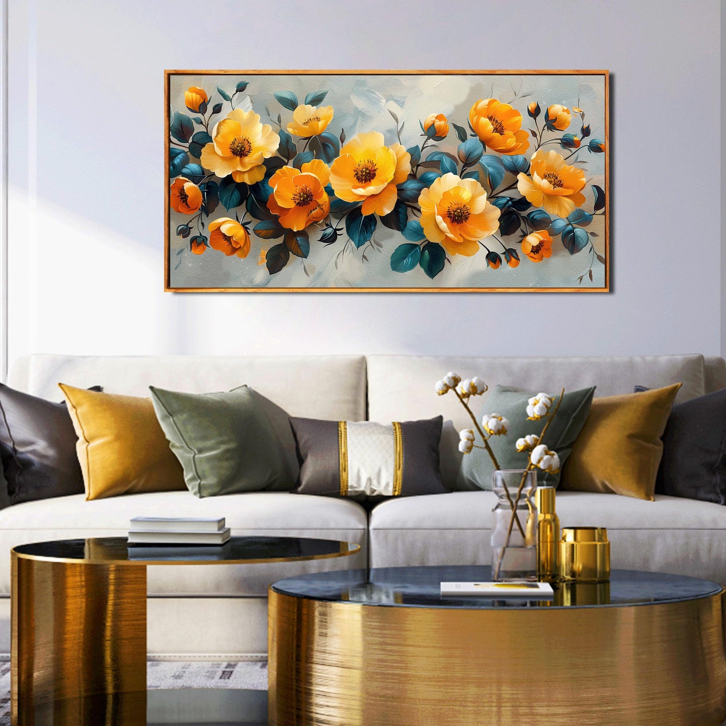 Gold Wall Art White Wall Pictures Beautiful Flower Wall Decorations for Living Room Black Artwork 24"x48" Art for Home Office