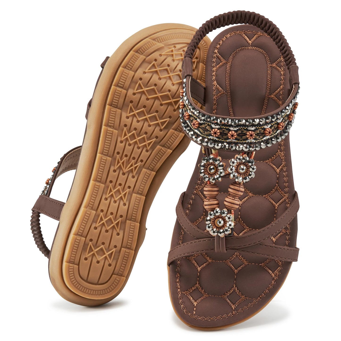 Elegante Damensandalen für den Sommer: Flache Schuhe, bequeme Bohemian-Sandalen mit elastischem Knöchelriemen, Strandsandalen für Damen