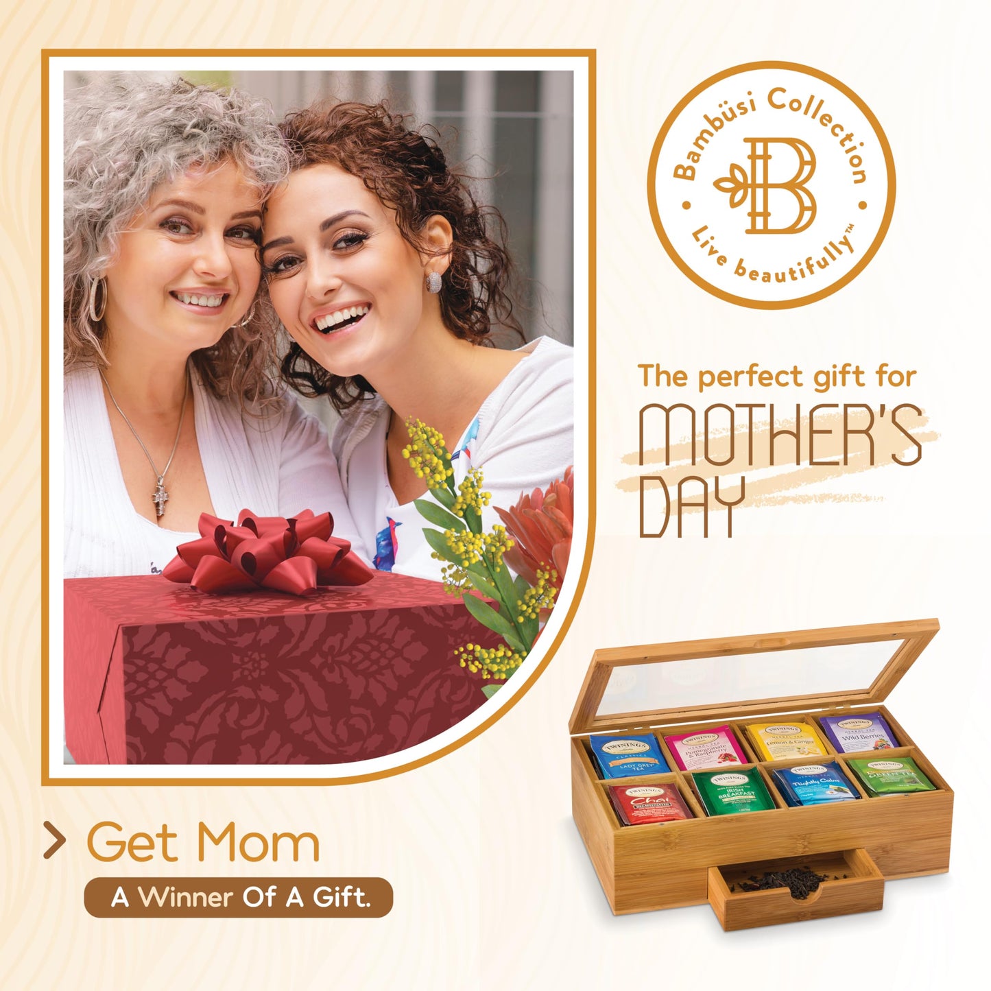 Bamboo Tea Bag Organizer Storage Box with Drawer & Acrylic Window - Magnetic Lid Keeps Contents Fresh - Ideal Mothers Day Gifts for Mom - Gift Caddy (Tea Not Included)