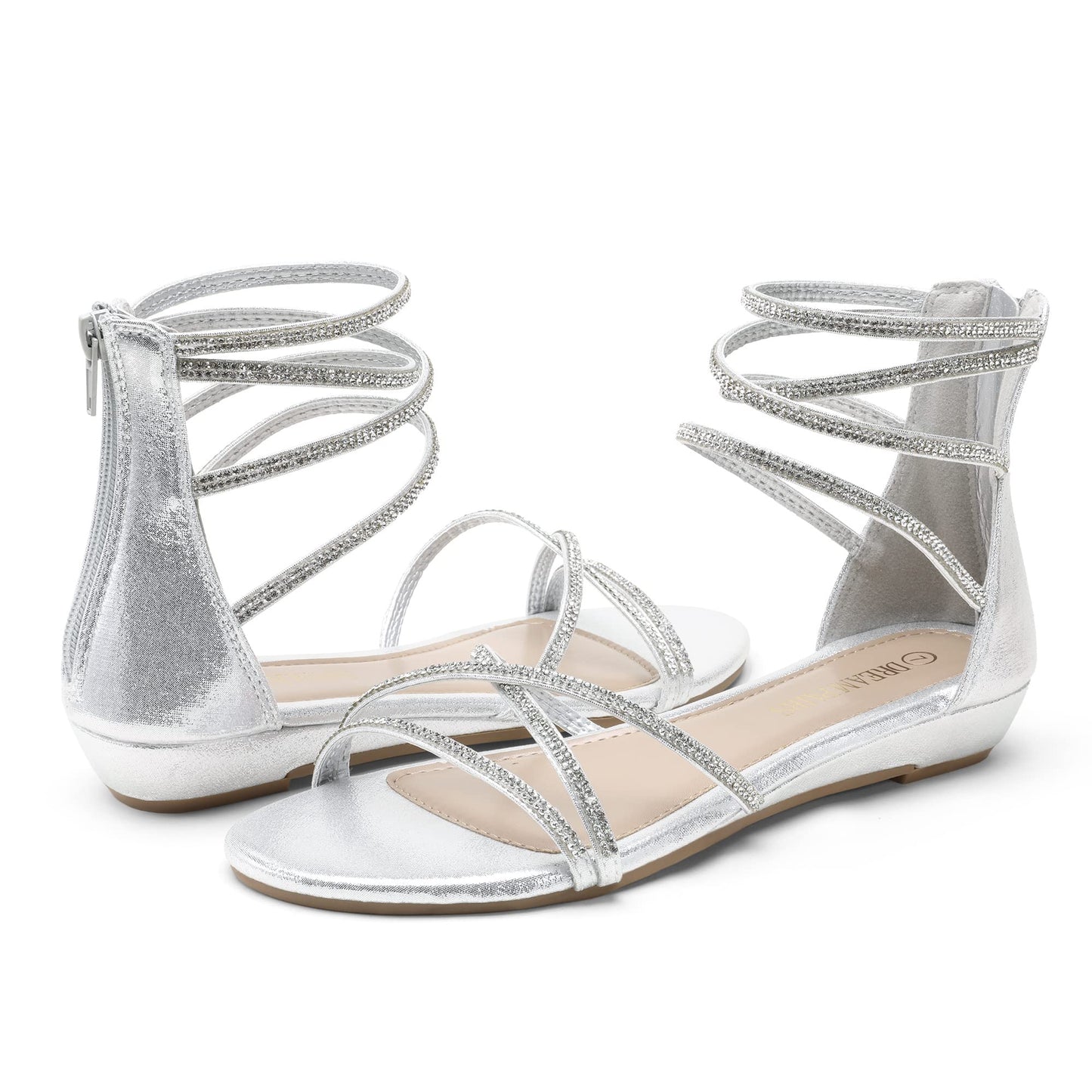 DREAM PAIRS Sandales plates à bride à la cheville pour femmes Sandales d'été habillées à lanières et strass pour gladiateur