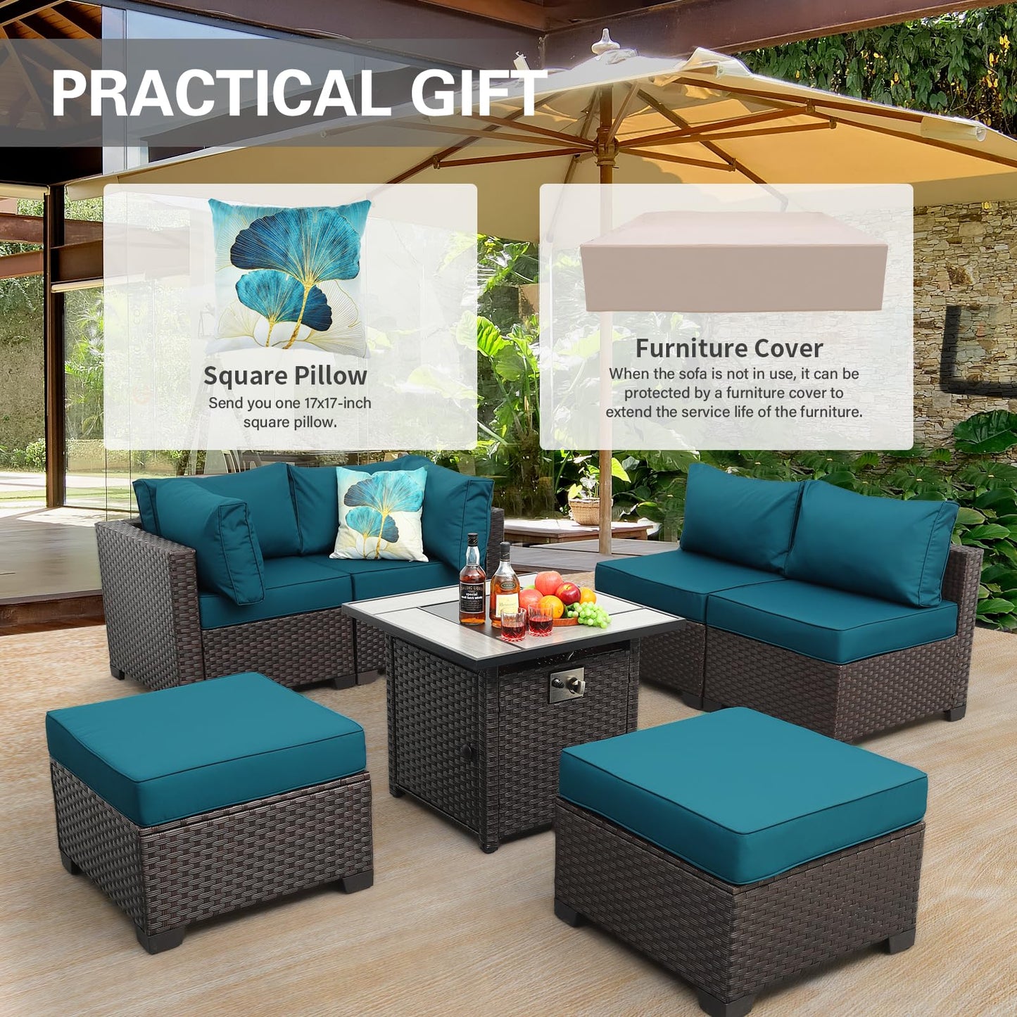 Outdoor Patio Dark Brown Rattan 7 Piece Sectional Set PE Wicker Conversation Sofa with Liftable Storage Table Non-Slip 5" Thick Royal Blue Cushion and Furniture Cover