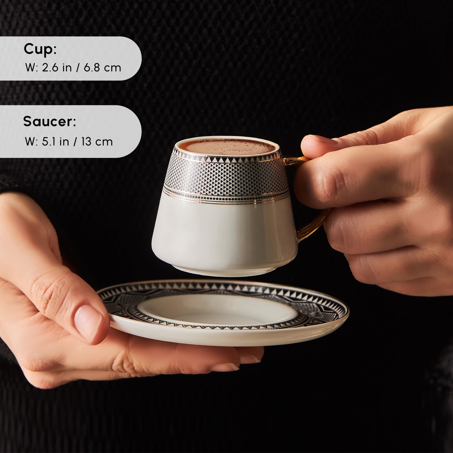 KARACA Globe Turkish Coffee Cup Set of 6, 80ml, 2.7 oz, Small Espresso Cups with Saucers, Porcelain, Black Patterns and Gold Handles, Ideal for Serving Coffee, Espresso, and Cappuccino