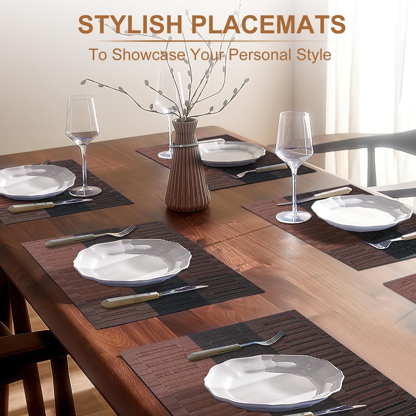 Tischsets 6er-Set, gewebtes Vinyl-Tischset für Esstisch, waschbar, abwischbar, Küchentischsets, strapazierfähige Tischsets für drinnen und draußen, 01 Beige, 6 Stück