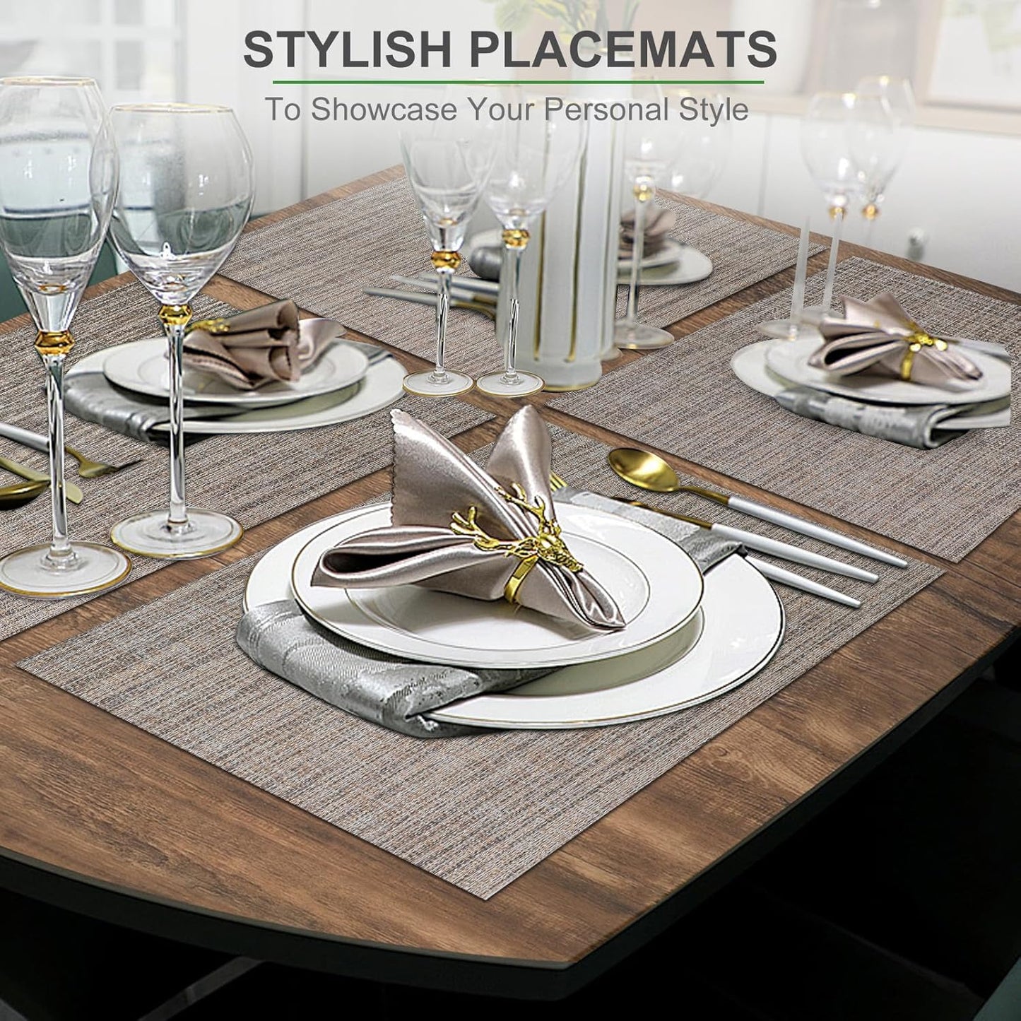 Tischsets 6er-Set, gewebtes Vinyl-Tischset für Esstisch, waschbar, abwischbar, Küchentischsets, strapazierfähige Tischsets für drinnen und draußen, 01 Beige, 6 Stück