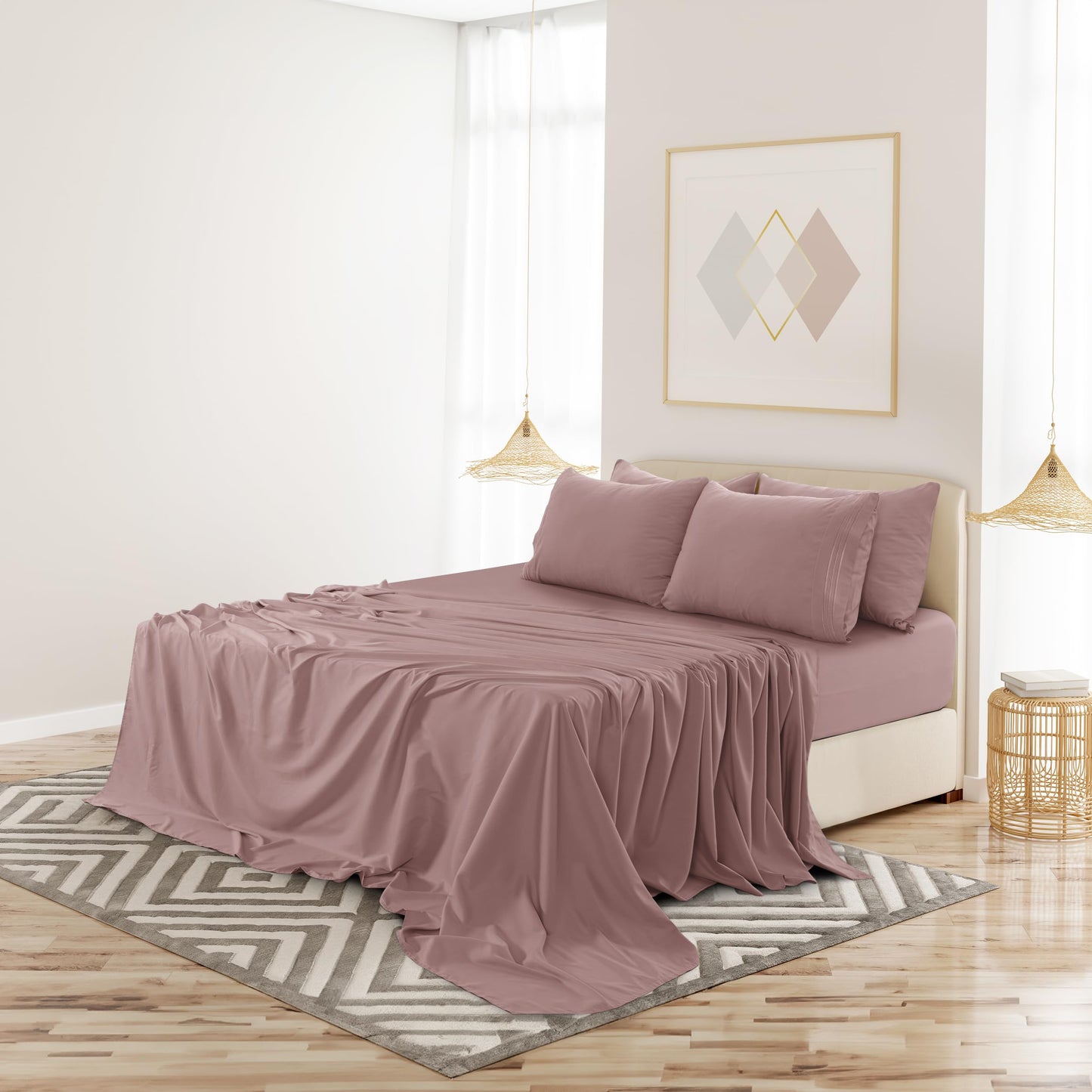 LUX Decor Paisley King-Bettlaken-Set, 6-teilig, weiche, knitterfreie Mikrofaser-Bettlaken – luxuriös bedruckte Bettlaken, inklusive Bettlaken, Spannbettlaken mit tiefen Taschen und 4 Kissenbezügen – Taupe