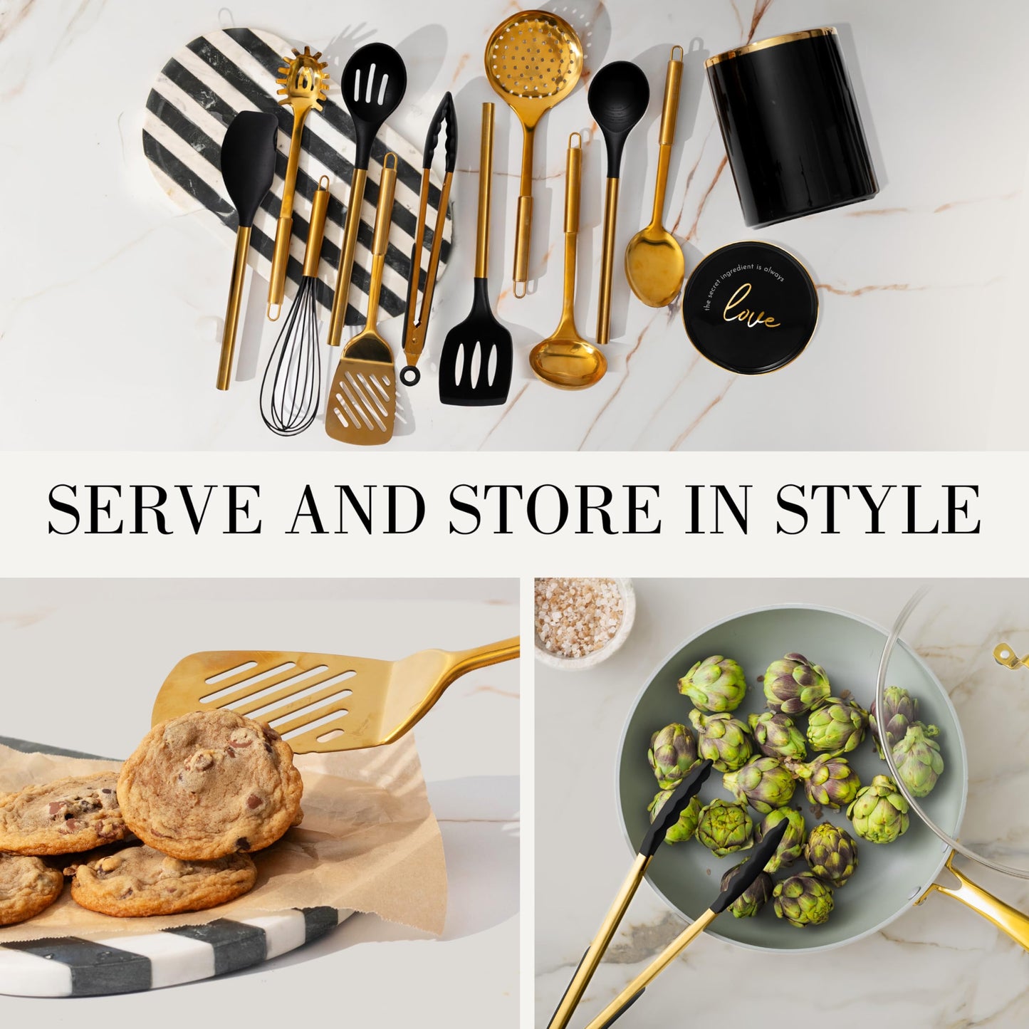 Ensemble d'ustensiles de cuisine en bois – Ensemble de 8 pièces comprenant des ustensiles de cuisine en bois et en or, un porte-ustensiles blanc et un repose-cuillère en bois – Ustensiles de cuisine durables et élégants pour cuisiner et servir