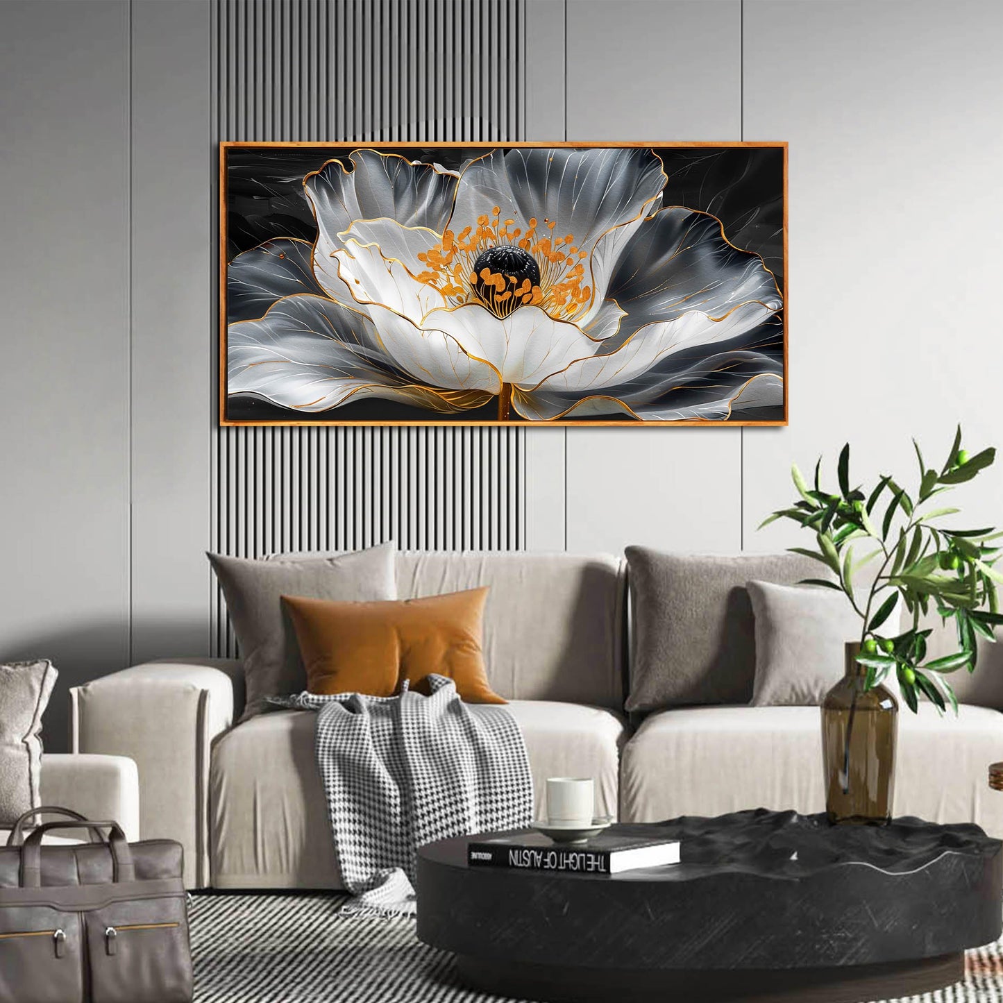 Gold Wall Art White Wall Pictures Beautiful Flower Wall Decorations for Living Room Black Artwork 24"x48" Art for Home Office