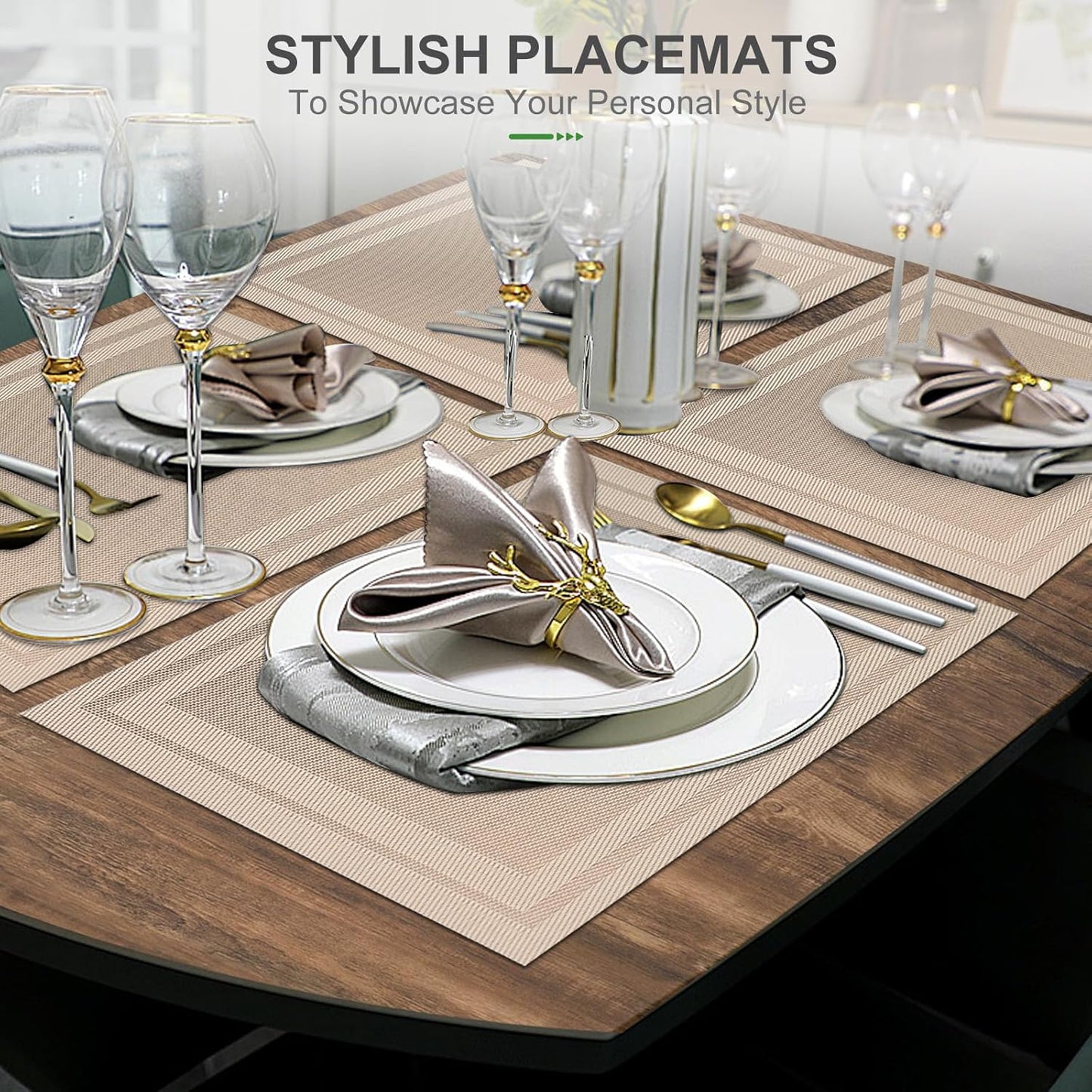 Tischsets 6er-Set, gewebtes Vinyl-Tischset für Esstisch, waschbar, abwischbar, Küchentischsets, strapazierfähige Tischsets für drinnen und draußen, 01 Beige, 6 Stück