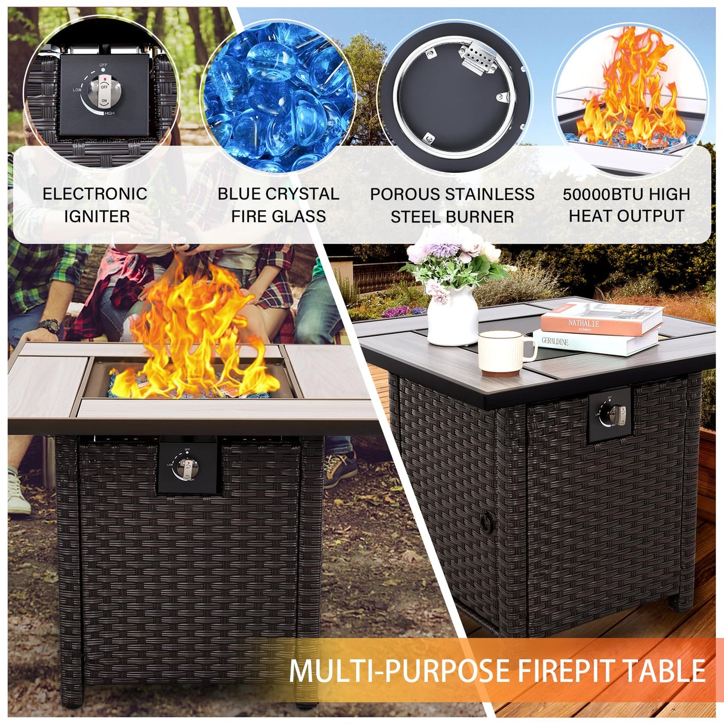 Outdoor Patio Dark Brown Rattan 7 Piece Sectional Set PE Wicker Conversation Sofa with Liftable Storage Table Non-Slip 5" Thick Royal Blue Cushion and Furniture Cover