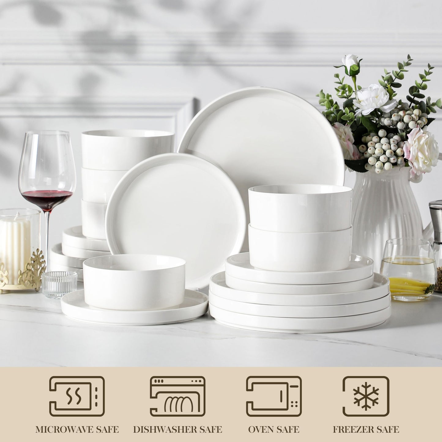 MALACASA 12 Pieces Porcelain Dinnerware Set, Modern White Dish Set for 4, Premium Serving Plates and Bowls Sets, Chip and Scratch Resistant Dishware Sets Kitchen Dishes Dining Ware Set, Series LEAH
