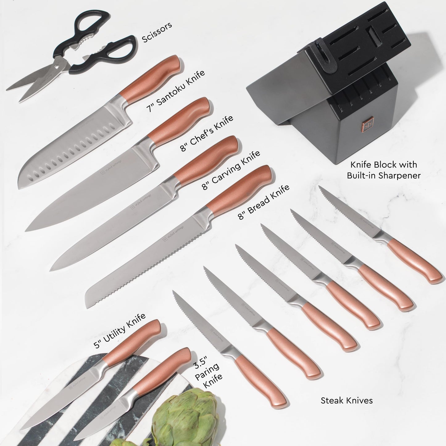 Kupfermesserset mit Block – 14-teiliges selbstschärfendes Messerblockset – Roségoldenes Messerset und schwarzer Messerblock mit Schärfer – Küchenzubehör und Dekor aus Kupfer