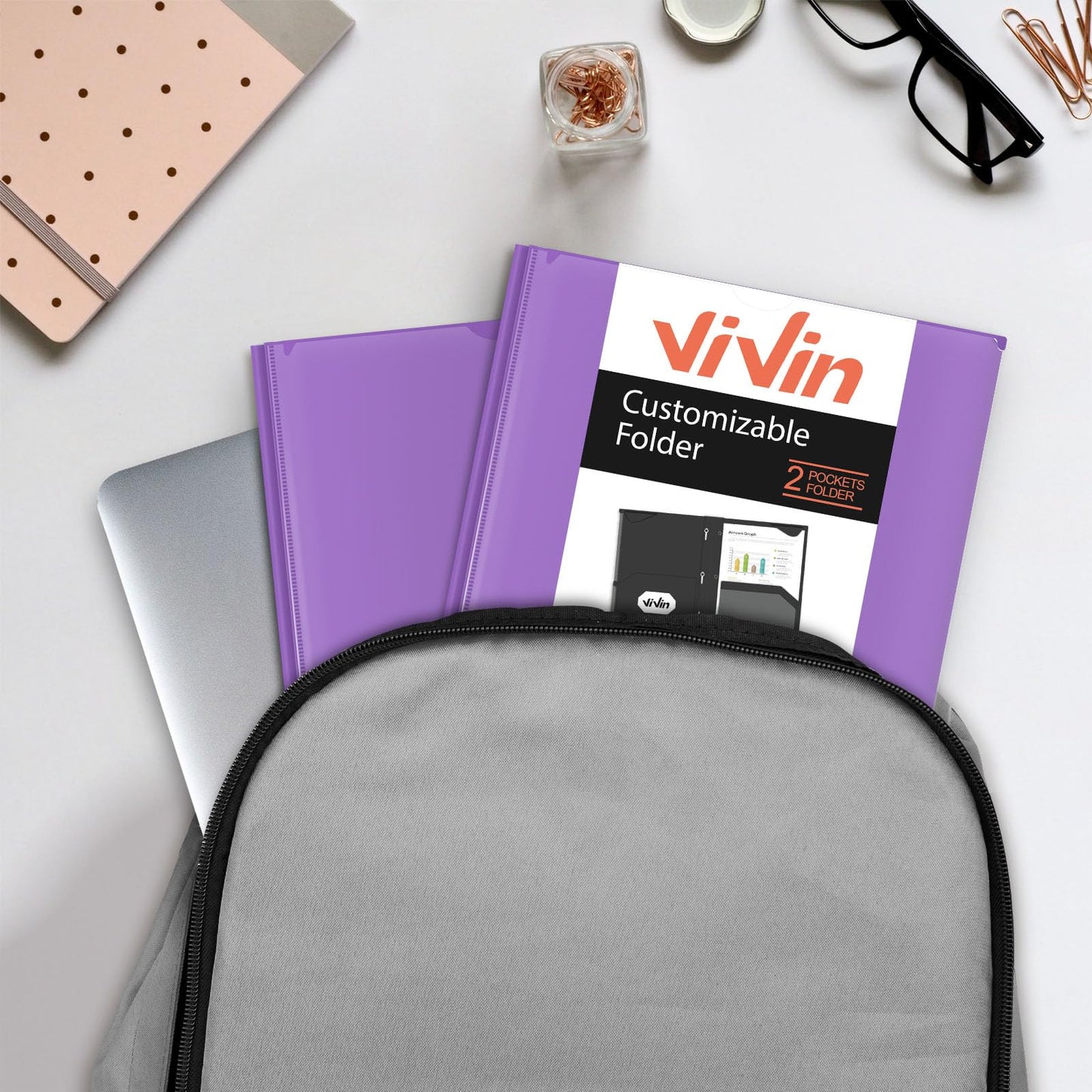 Chemises en plastique épais ViVin avec pochettes et broches, deux poches, poche avant transparente et onglets de maintien, lot de 6, pour papier au format lettre US, pour l'école et le bureau - Blanc