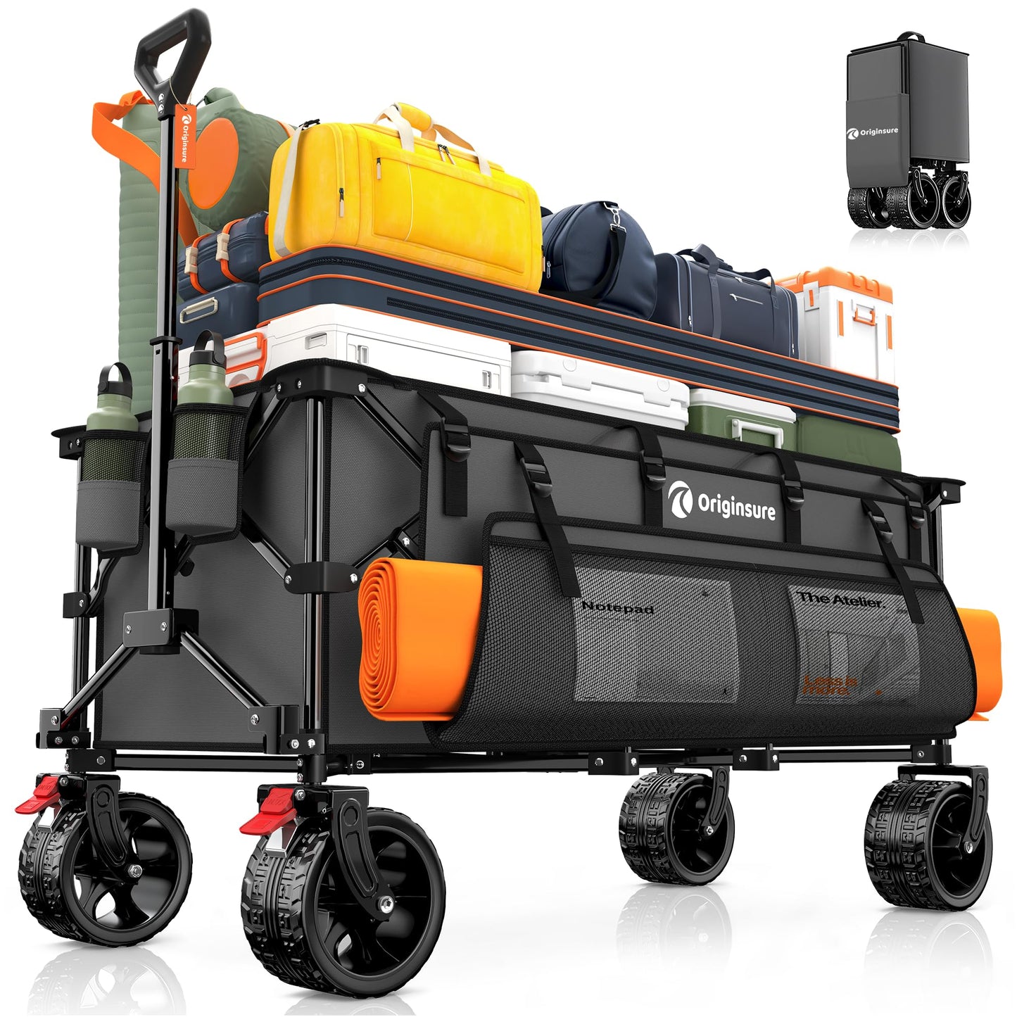 48" L Collapsible Wagon Cart Foldable, 560LB Weight Capacity 300L Heavy Duty Folding Beach Wagons with Big All-Terrain Wheels, Utility Carts for Groceries, Shopping, Camping, Sports - Black