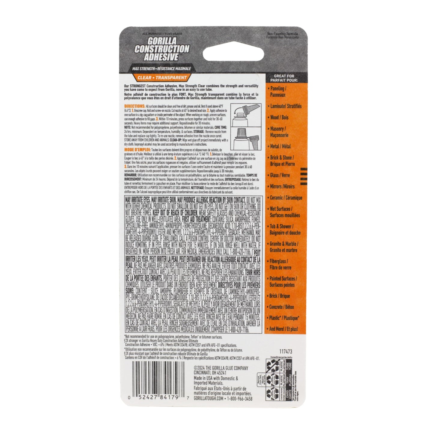 Gorilla Max Strength Construction Adhesive, Clear Glue, Squeeze Tube - Gap Filling and Waterproof