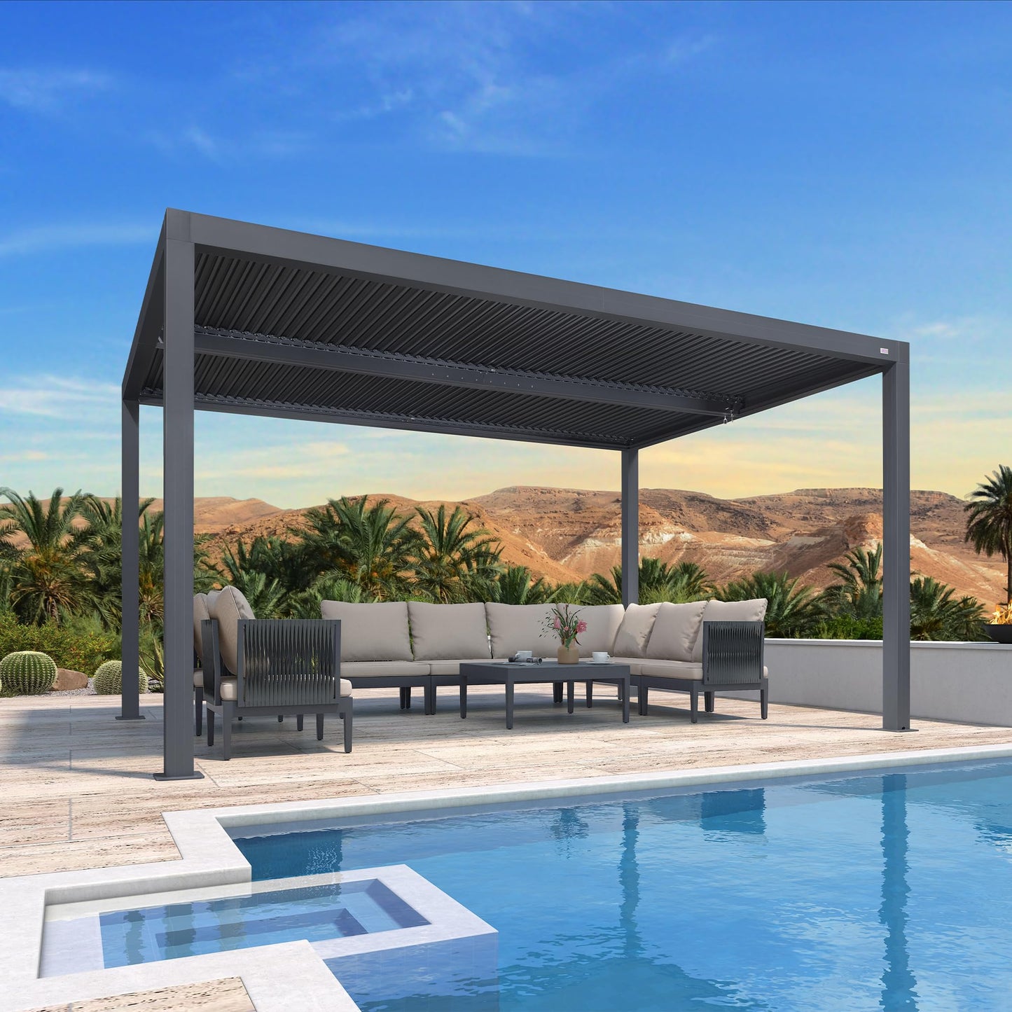 PURPLE LEAF Lamellenpergola 94AS, 3,3 x 4,3 m, Aluminium-Pergola für den Außenbereich mit Sonnenschutz, verstellbarem Dach für Terrasse, Hinterhof, grauer Pavillon mit festem Dach, 1 lange Seite und 2 kurze Seiten