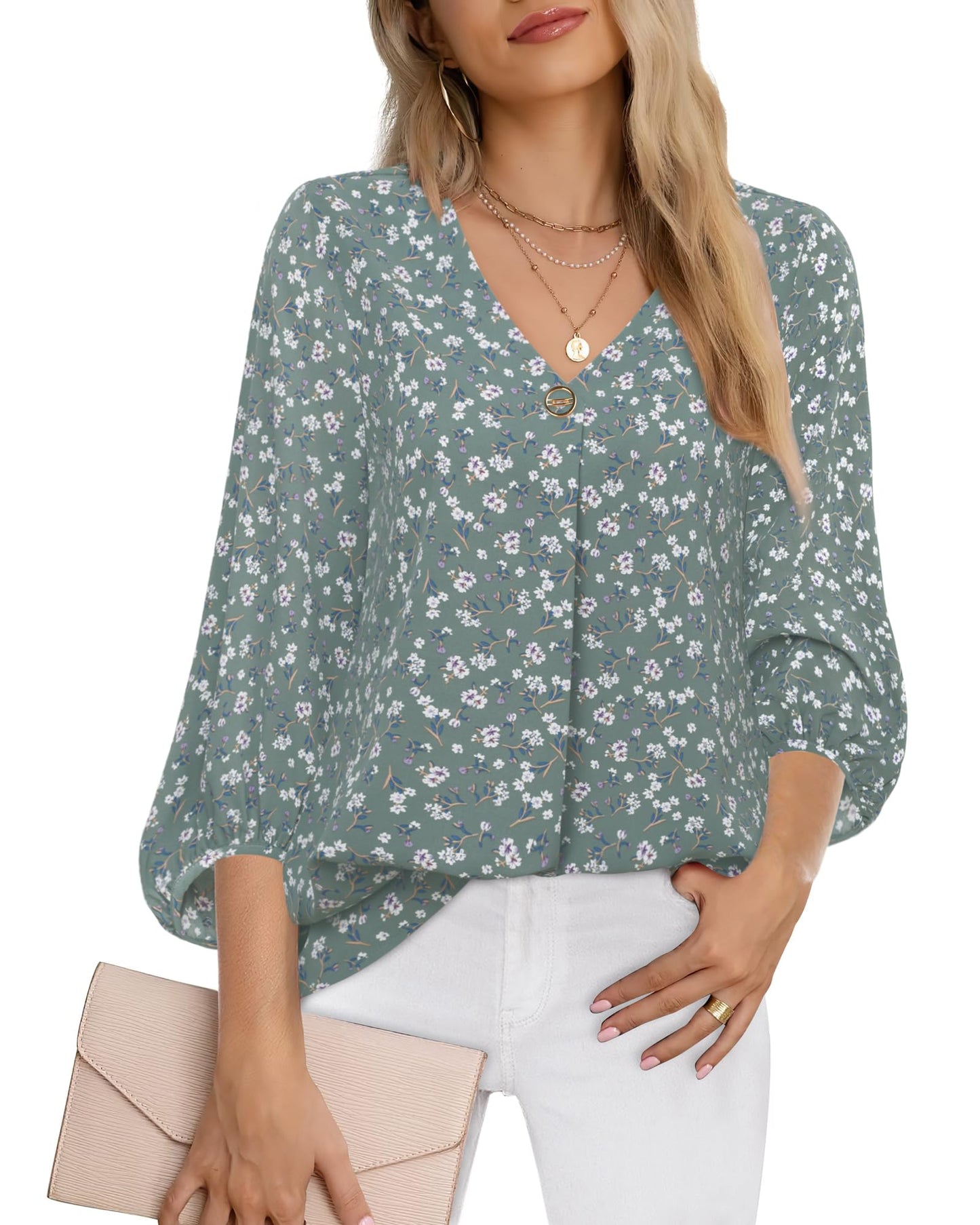 Bebonnie Damen Chiffonbluse mit Laternenmuster, 3/4-Ärmel, lässig, locker, V-Ausschnitt