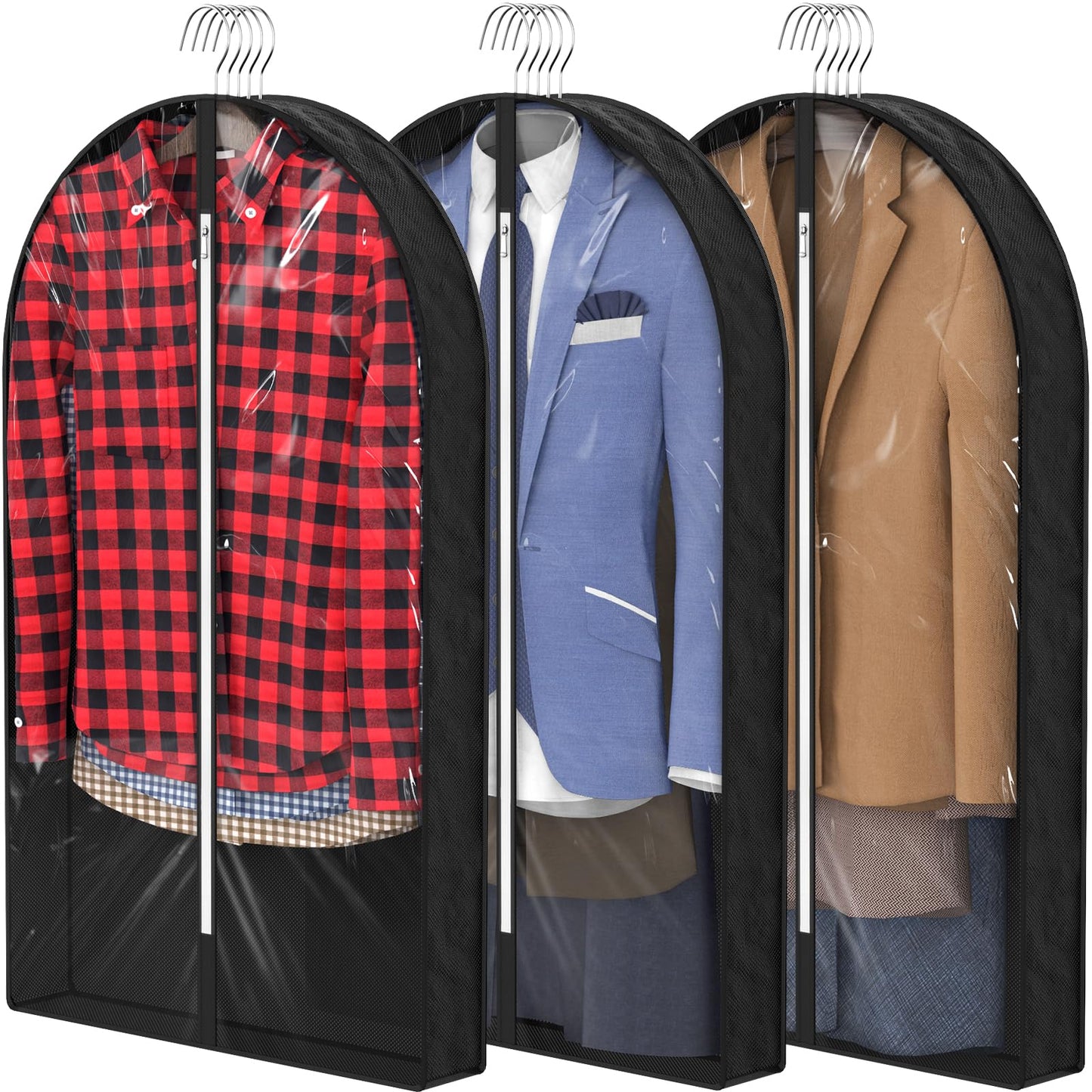 Sacs à vêtements transparents de 50 po pour suspendre des vêtements dans un placard avec soufflets de 4 po, sac de protection pour costumes pour robes, manteaux longs, vestes, pulls, chemises, 3 paquets, noir