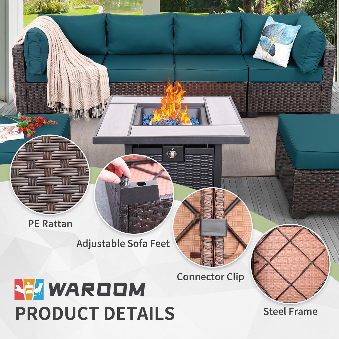 Outdoor Patio Dark Brown Rattan 7 Piece Sectional Set PE Wicker Conversation Sofa with Liftable Storage Table Non-Slip 5" Thick Royal Blue Cushion and Furniture Cover