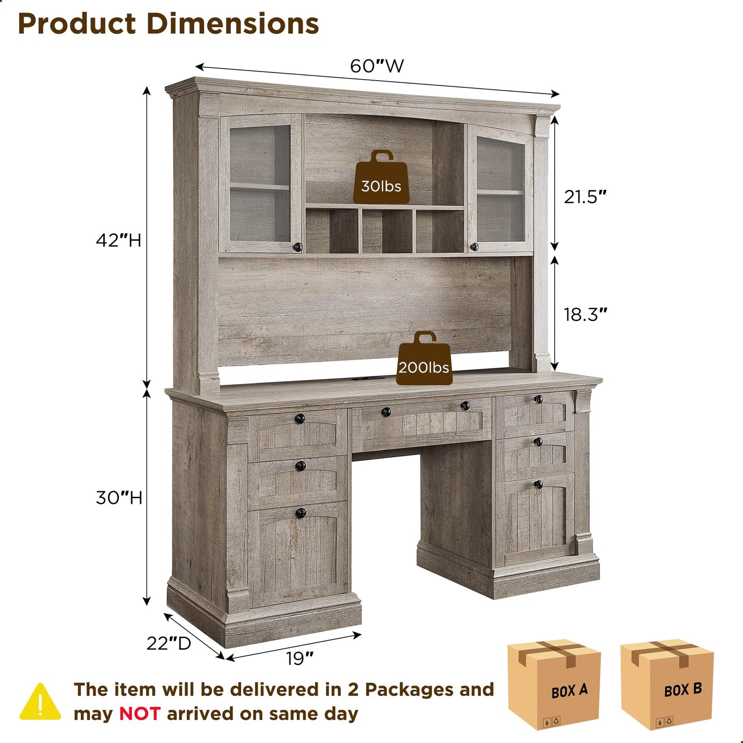 OKD 60-Zoll-Chefschreibtisch mit Schubladen, Home-Office-Schreibtisch im Landhausstil mit Ladestation, Tastaturablage, Aktenschrank-Aufbewahrung, Holz-Computertisch für Arbeit und Studium, Antikweiß