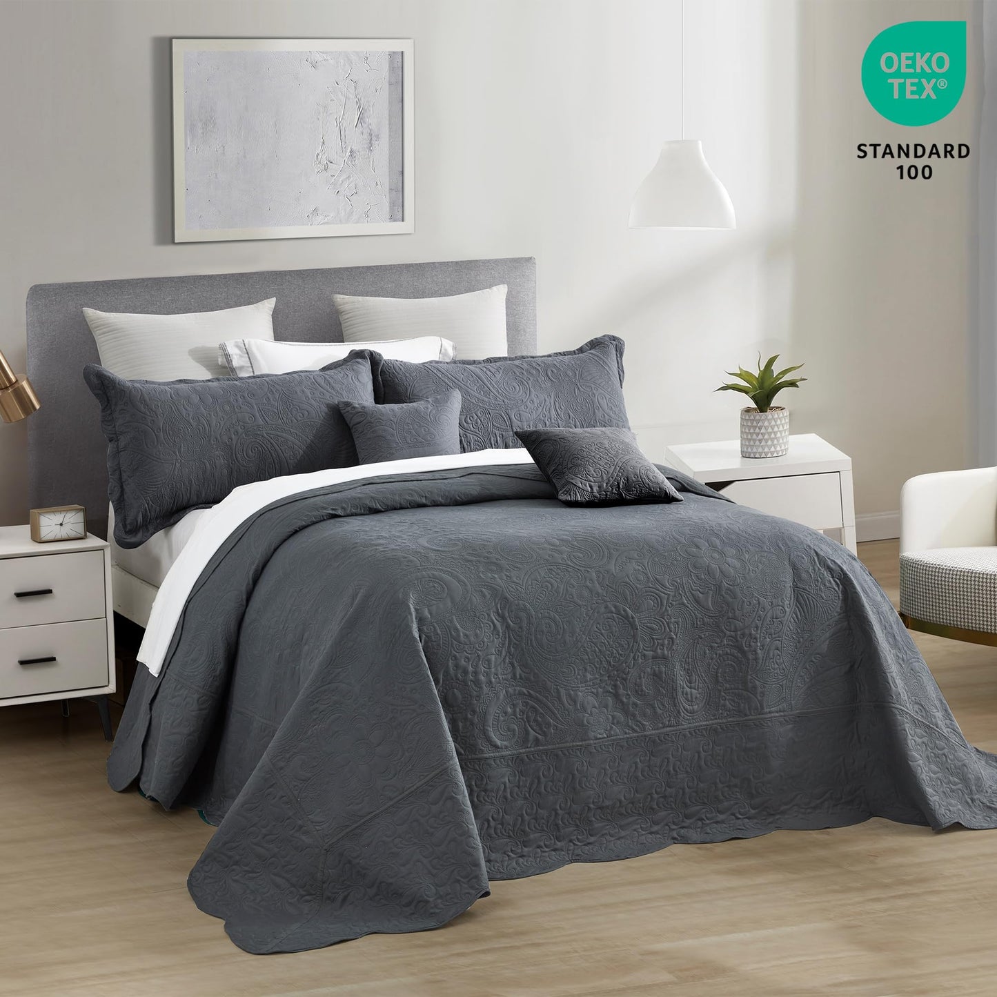 Oversized King Bedspread 128x120 Extra Wide, Paisley Pattern Design, Lightweight Bedding Cover, Reversible, 5 Piece, 100% Microfiber, King/Cal King, Pure White