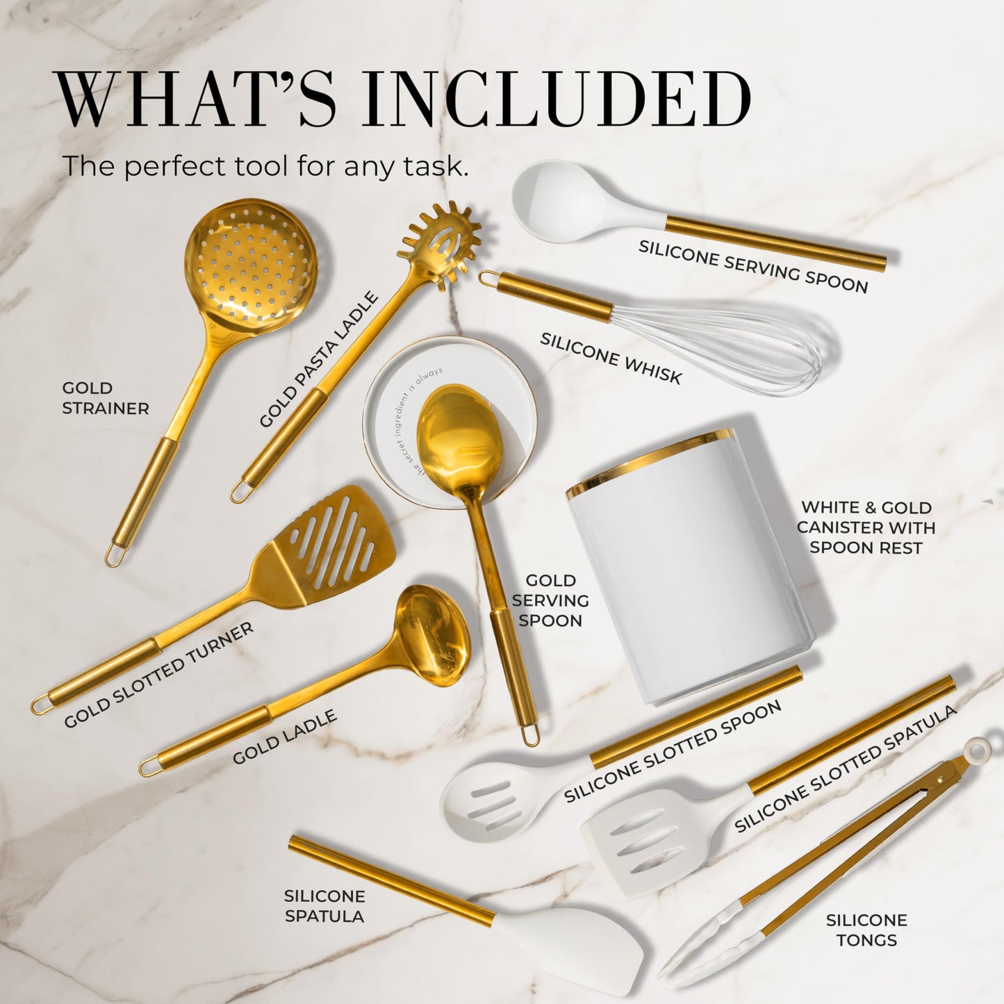 Ensemble d'ustensiles de cuisine en bois – Ensemble de 8 pièces comprenant des ustensiles de cuisine en bois et en or, un porte-ustensiles blanc et un repose-cuillère en bois – Ustensiles de cuisine durables et élégants pour cuisiner et servir