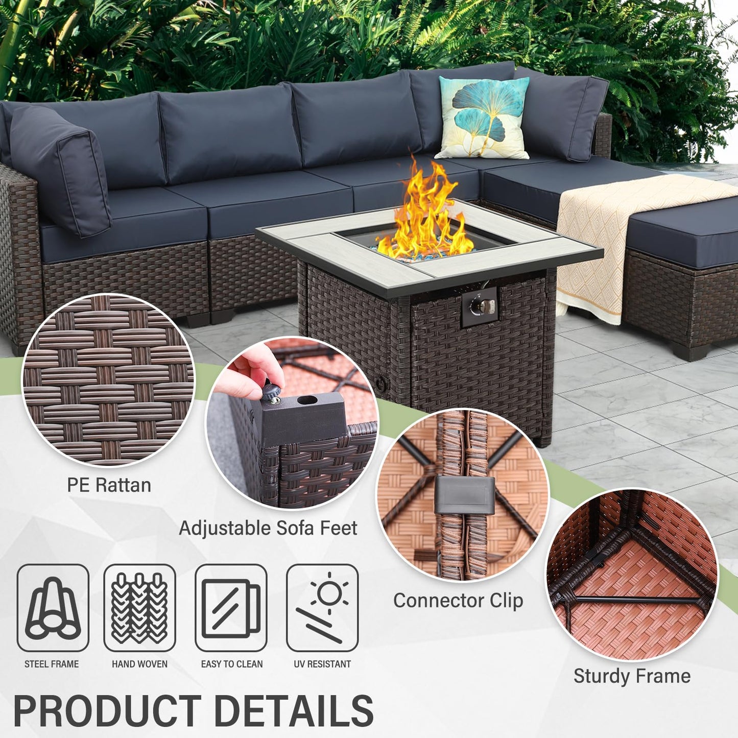 Outdoor Patio Dark Brown Rattan 7 Piece Sectional Set PE Wicker Conversation Sofa with Liftable Storage Table Non-Slip 5" Thick Royal Blue Cushion and Furniture Cover
