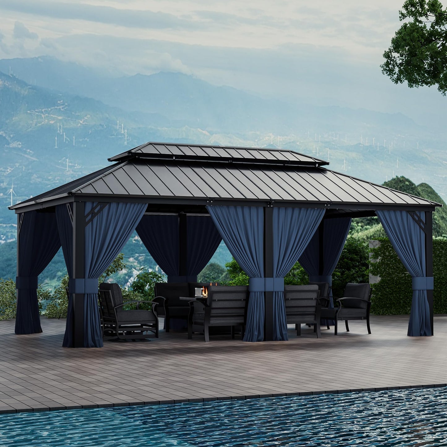 12x20ft Hardtop Gazebo Double Roof, Outdoor Pavilion with 2-Layer Hard top Galvanized Iron Frame Garden Tent, Suitable for courtyards, backyards, Decks, and Grass