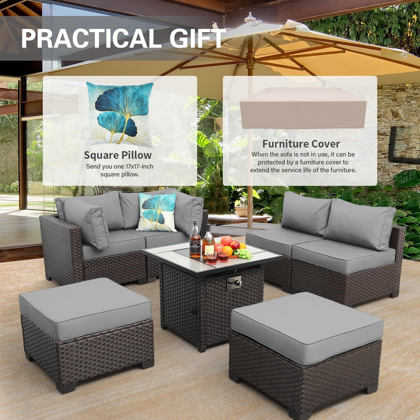 Outdoor Patio Dark Brown Rattan 7 Piece Sectional Set PE Wicker Conversation Sofa with Liftable Storage Table Non-Slip 5" Thick Royal Blue Cushion and Furniture Cover