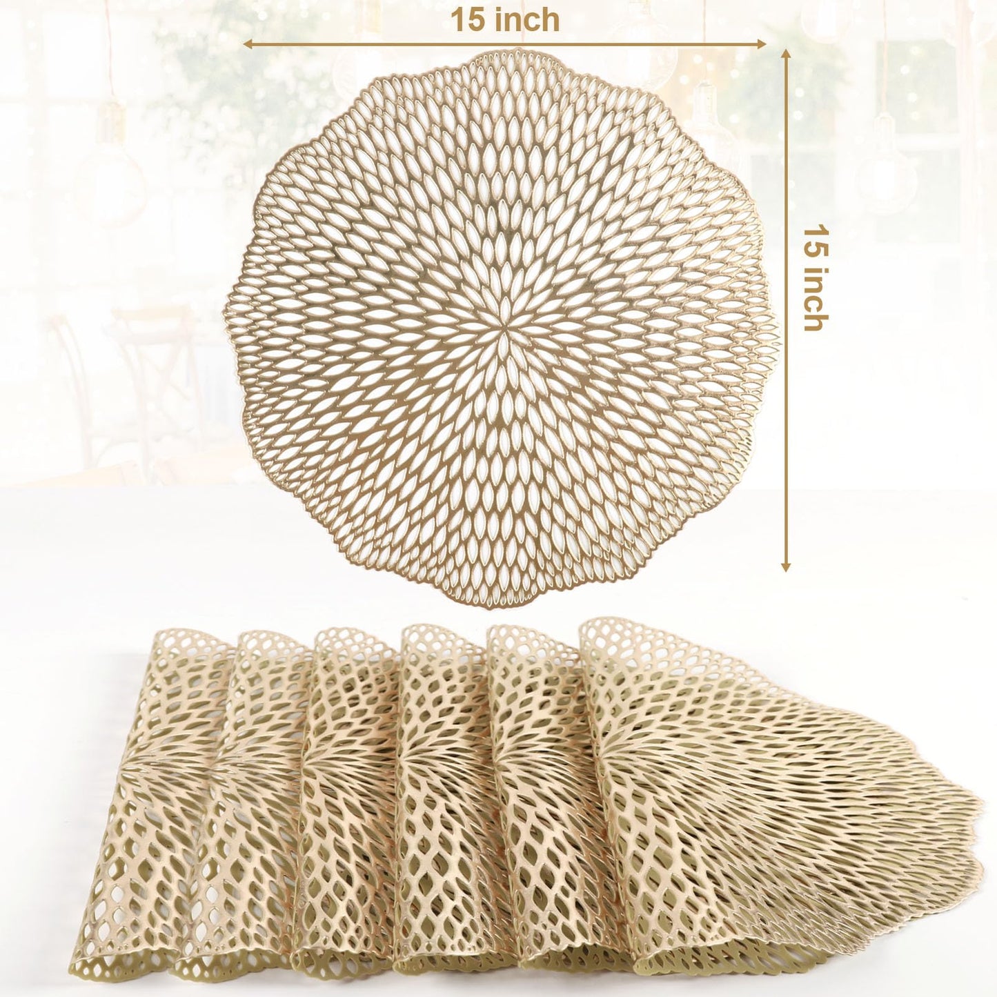 Tischsets, 6er-Set, runde Tischsets mit ausgehöhlten Blumen für den Esstisch, gepresstes Vinyl, Tischsets mit blühenden Blättern für Feiertage, Partys, Hochzeiten, Akzente, Tafelaufsätze, Tischdekoration (Gold)