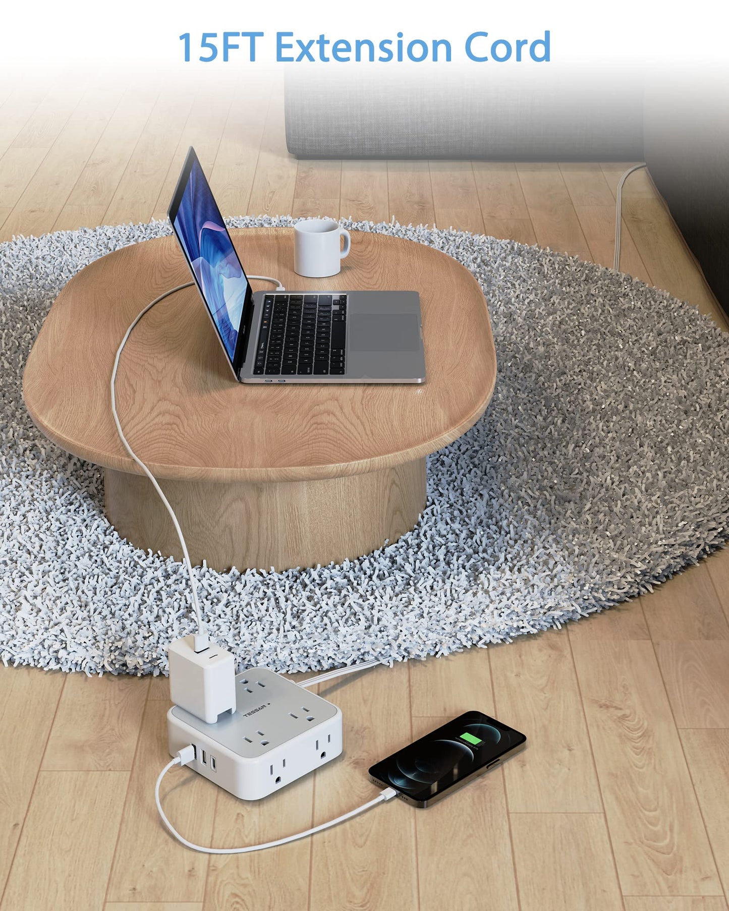 Surge Protector Flat Extension Cord Flat Plug Power Strip, 8 AC Outlets, 3 USB Charger(1 USB C Port) 3-Sided Outlet Extender, 5 Ft, 900 Joules Protection