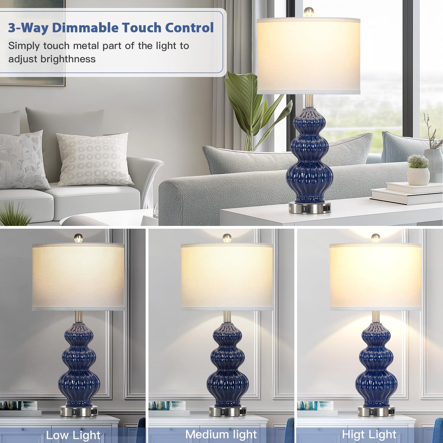 27-Zoll-Tischlampen aus Glas, 2er-Set mit Nachtlicht, moderne Nachttischlampen mit 3-Wege-Touch-Steuerung, USB-A+C-Anschlüssen und AC-Steckdose, gelbe Nachttischlampen im Boho-Stil für das Wohnzimmer im Schlafzimmer