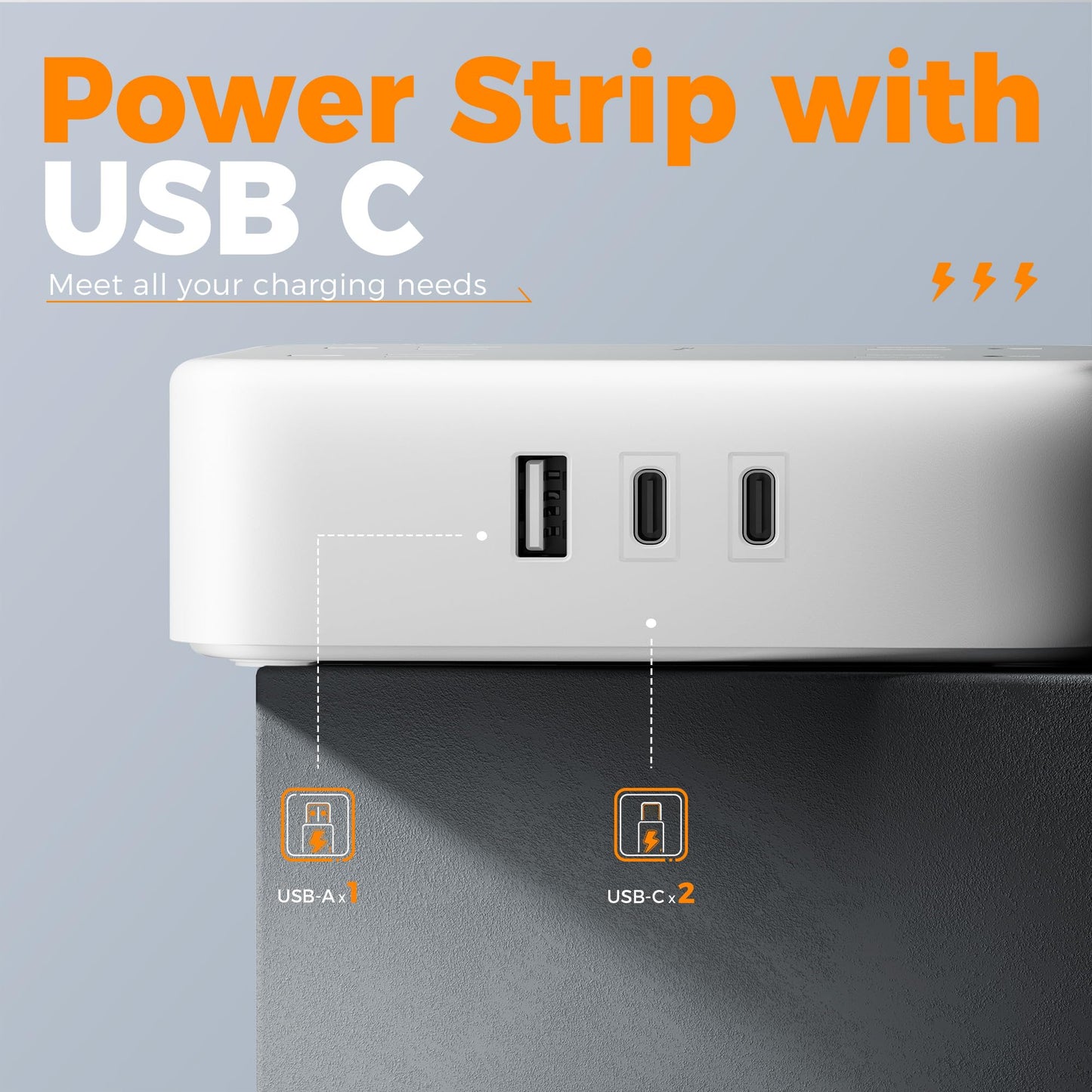 Surge Protector Flat Extension Cord Flat Plug Power Strip, 8 AC Outlets, 3 USB Charger(1 USB C Port) 3-Sided Outlet Extender, 5 Ft, 900 Joules Protection