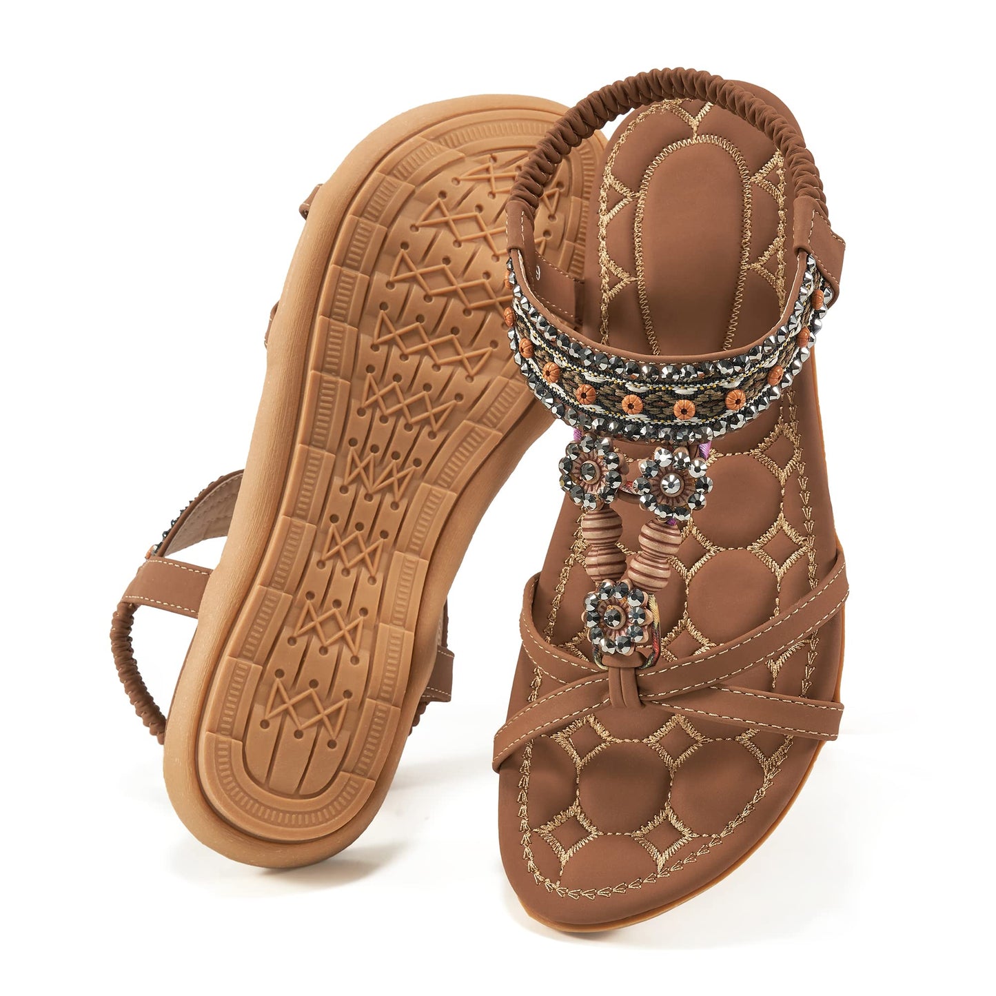 Elegante Damensandalen für den Sommer: Flache Schuhe, bequeme Bohemian-Sandalen mit elastischem Knöchelriemen, Strandsandalen für Damen