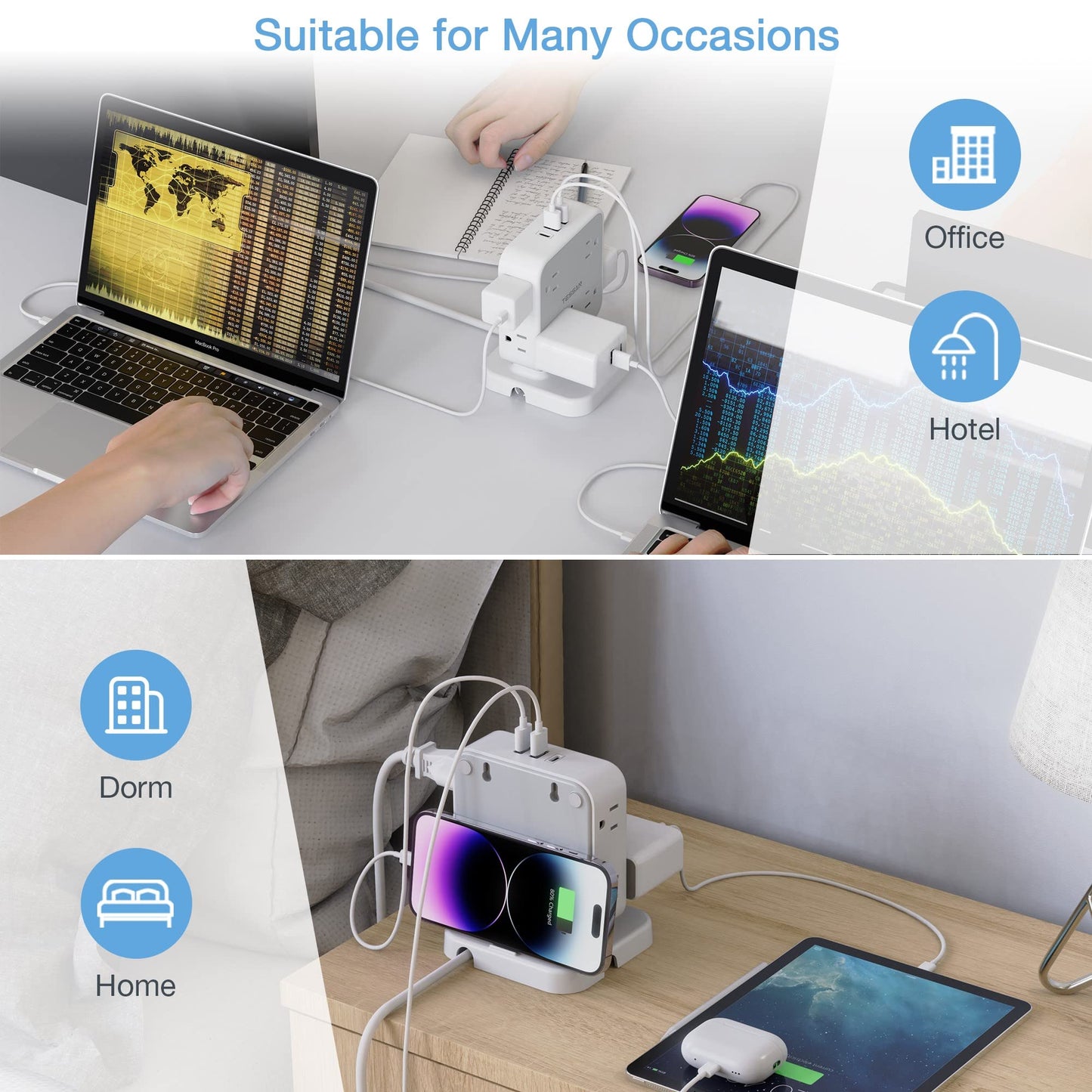 Surge Protector Flat Extension Cord Flat Plug Power Strip, 8 AC Outlets, 3 USB Charger(1 USB C Port) 3-Sided Outlet Extender, 5 Ft, 900 Joules Protection