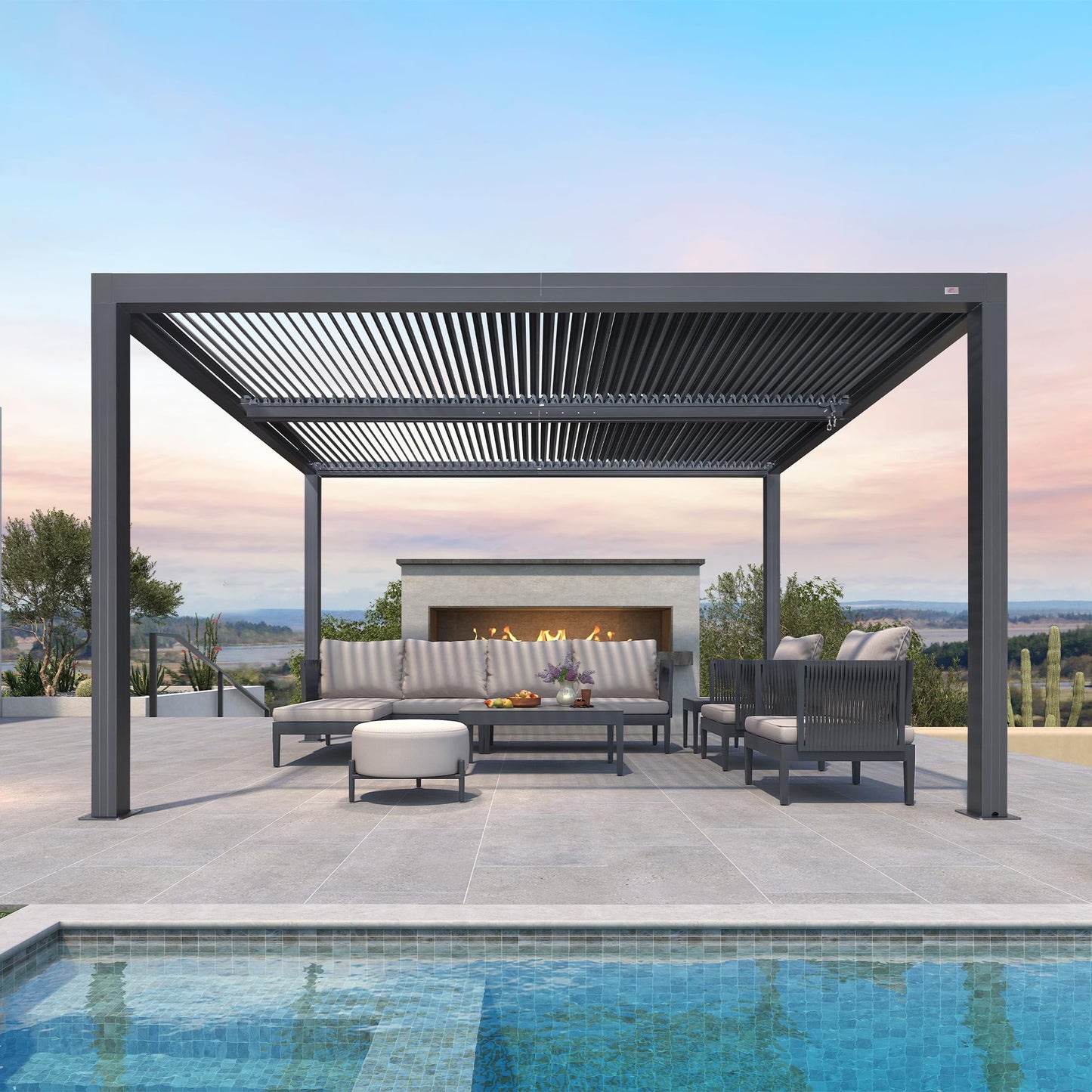 PURPLE LEAF Lamellenpergola 94AS, 3,3 x 4,3 m, Aluminium-Pergola für den Außenbereich mit Sonnenschutz, verstellbarem Dach für Terrasse, Hinterhof, grauer Pavillon mit festem Dach, 1 lange Seite und 2 kurze Seiten